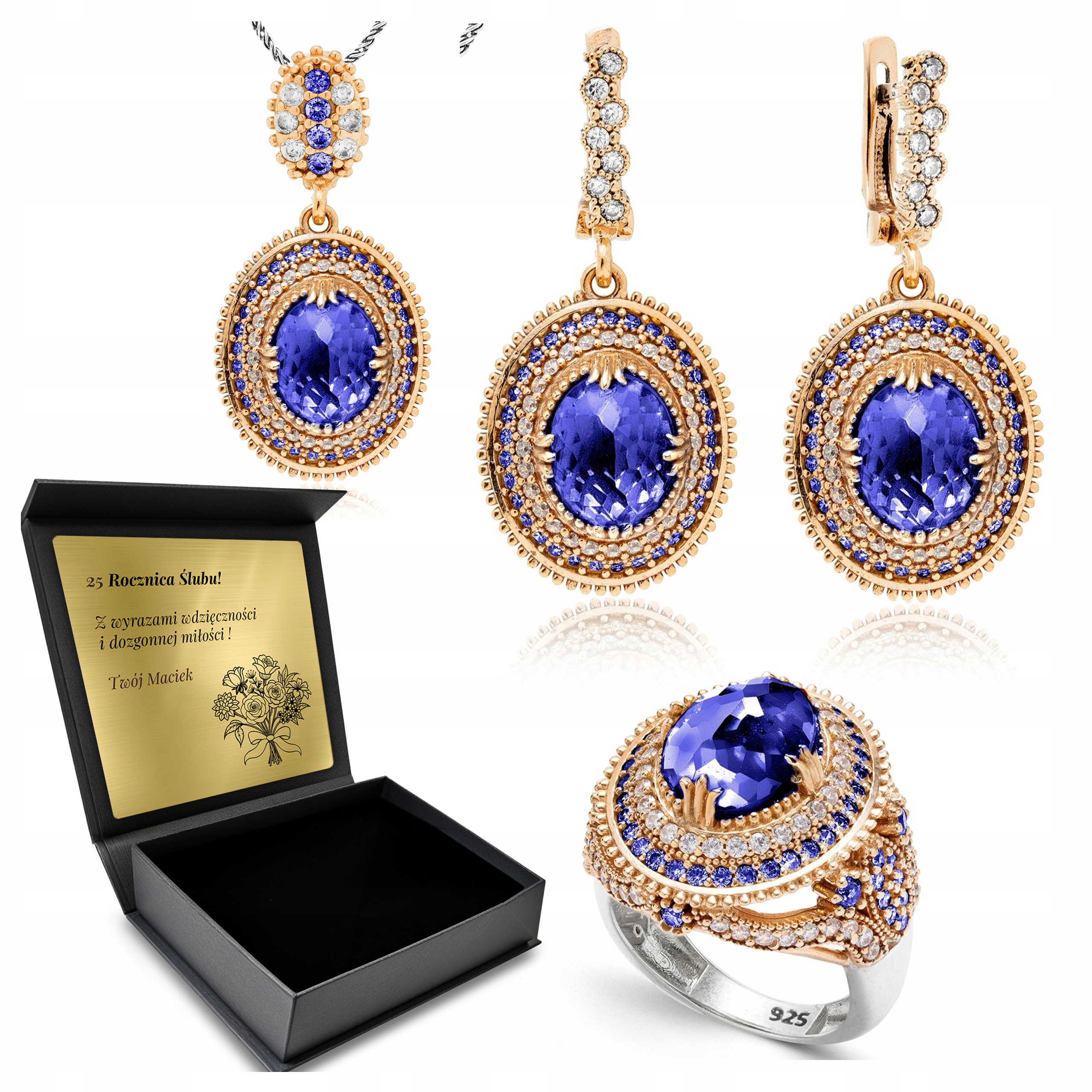 Komplet Šperků Dárek pro ženu S Safírem A Zirkony Gravírování