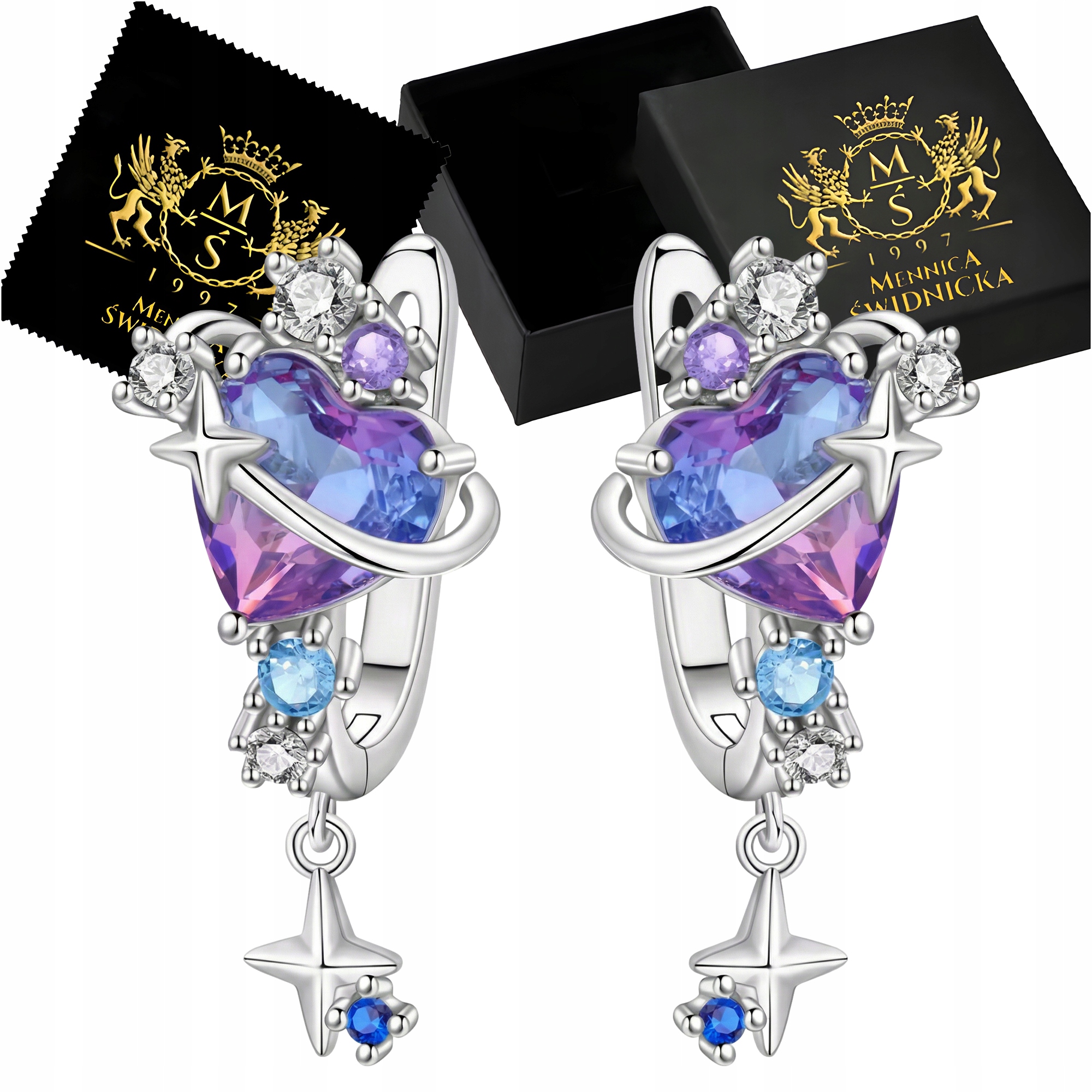 Kolczyki Srebrne 925 Wiszące Serca Gwiazdy Cyrkonie Długie Grawer