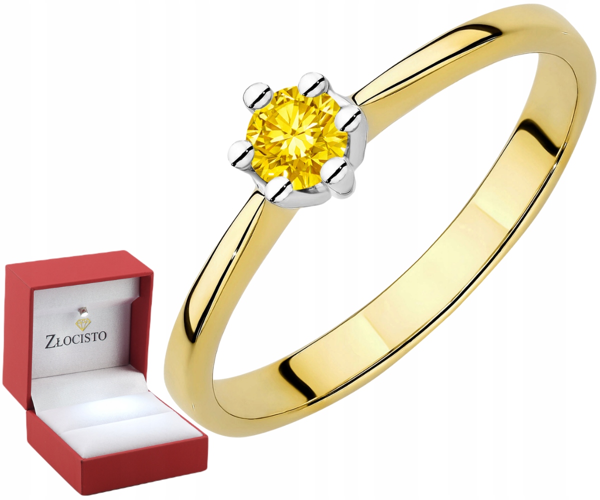 Złoty pierścionek zaręczynowy 375 z żółtym diamentem lab. 0,15 ct