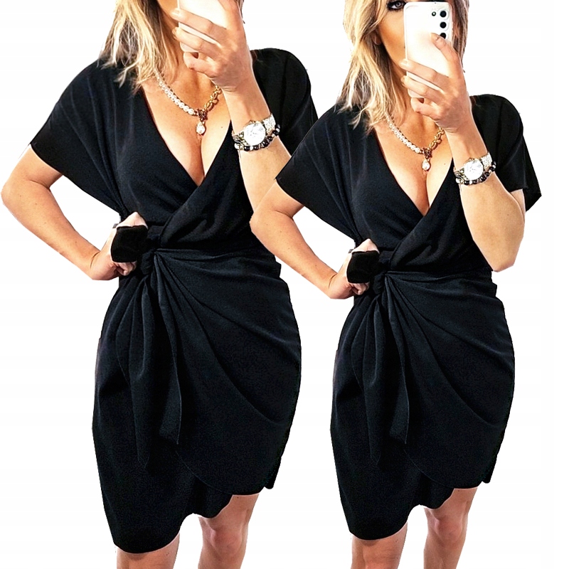 Sukienka Kopertowa Mała Czarna Klasyczna Marszczona Rozmiary