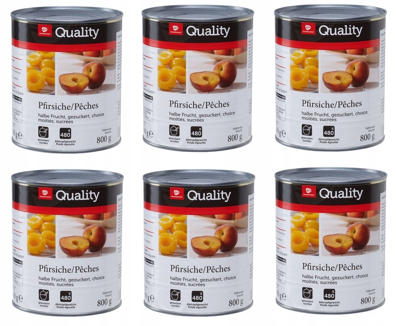 6 x 800 g Tgq Broskve, půlky ovoce v sirupu Svařovací