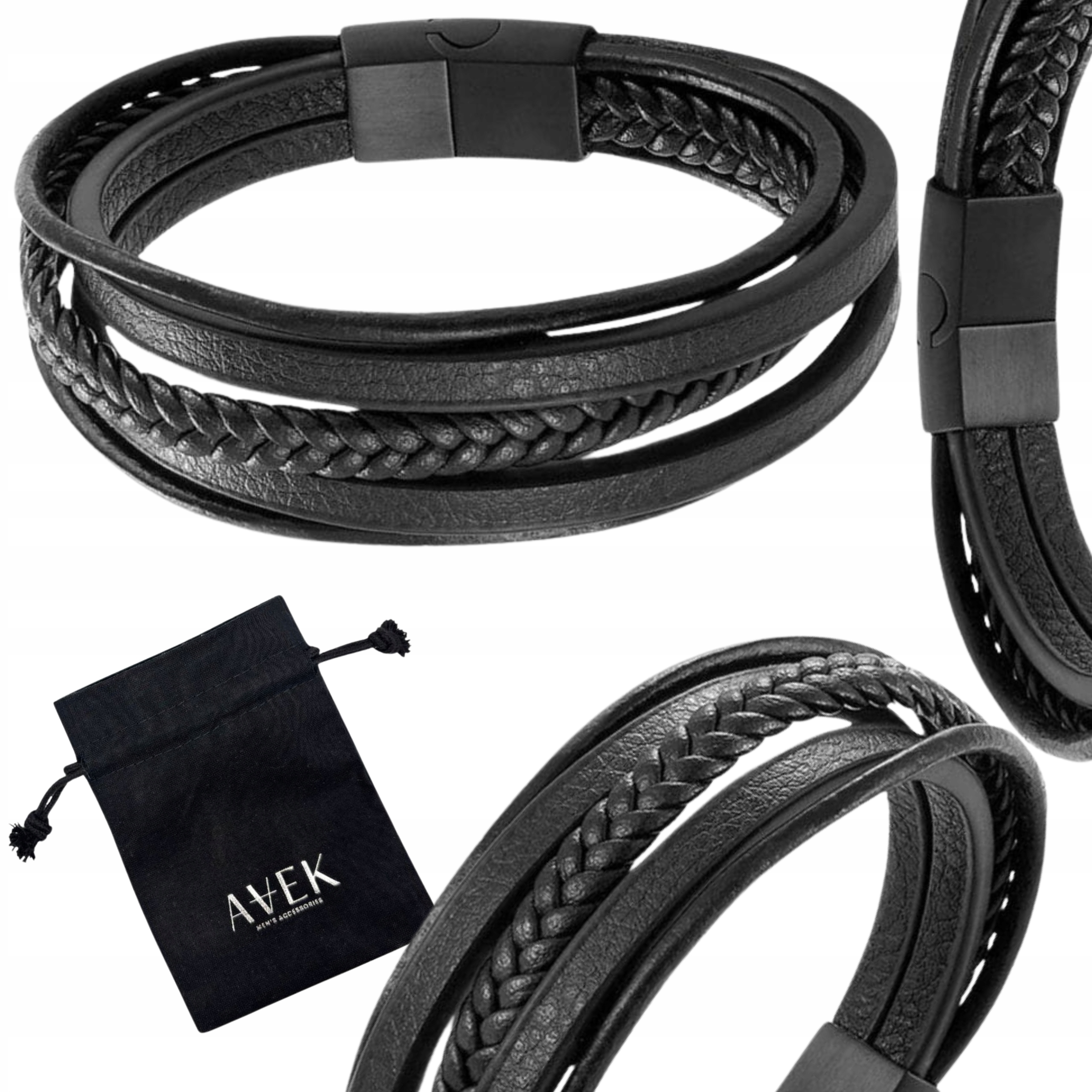 Pánský Náramek 23 CM Černý, Široká Ocel Z Kůže Jako Dárek 23