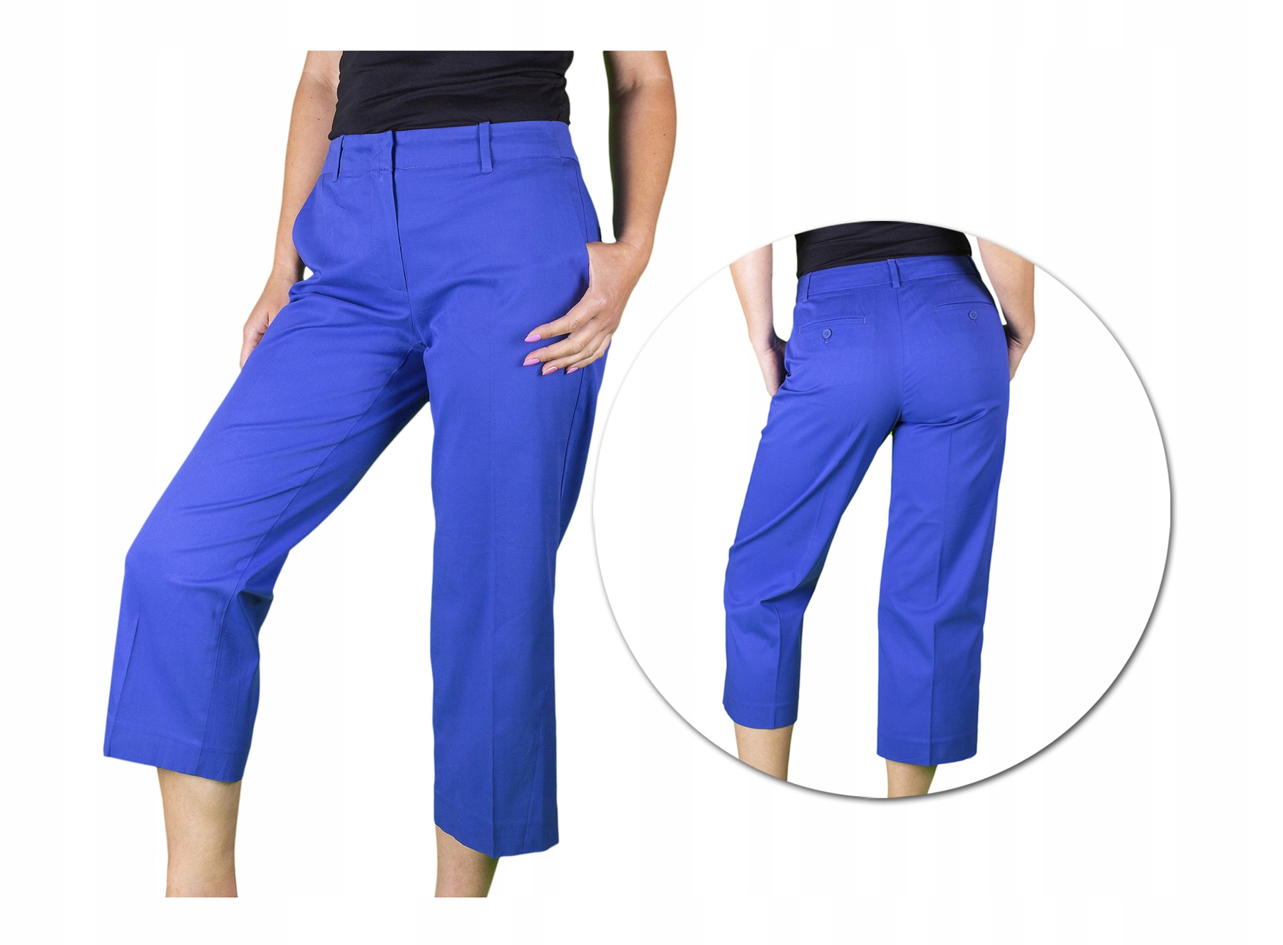 

Proste Szerokie Spodnie 3/4 w Kantkę kuloty 40