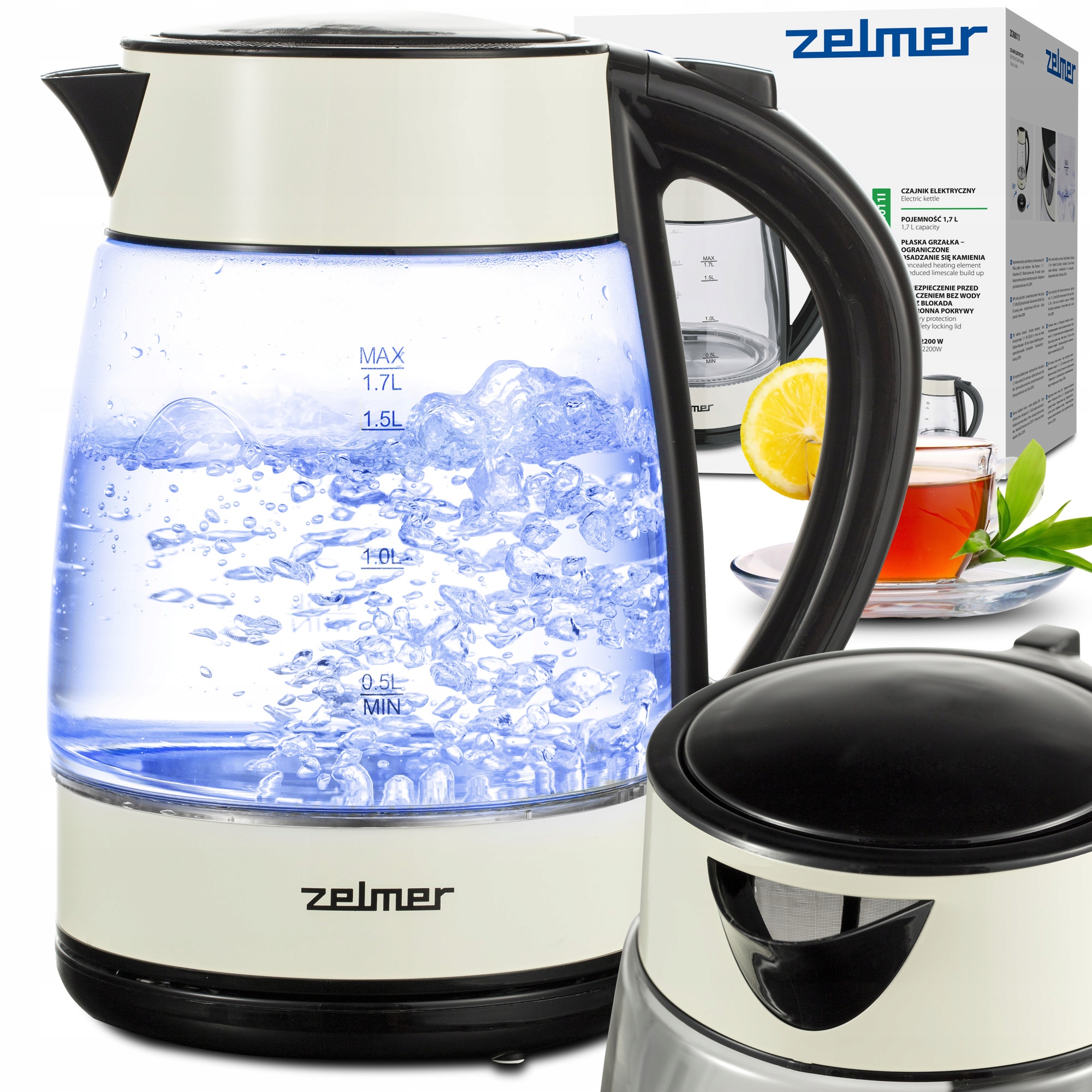 Czajnik Elektryczny Zelmer Bezprzewodowy Szklany Strix Filtr 1,7L 2200W