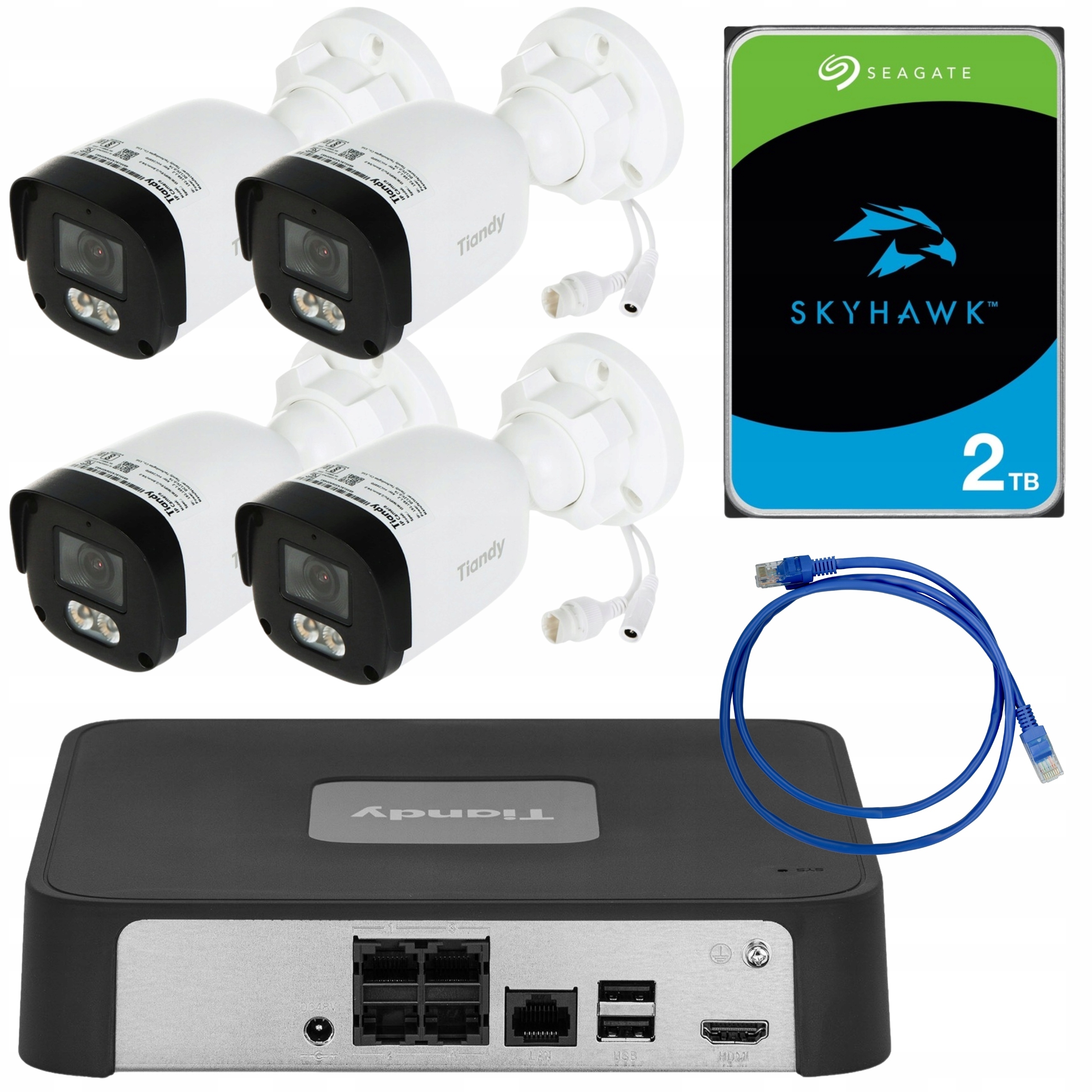 Sada pro monitorování 4x kamera Tiandy rekordér disk 2TB patchcord 2 m