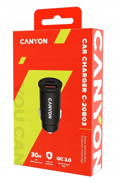 CANYON Ładowarka samoch. C-20-03 PD30W QC3.0 USB-C USB-A Czarna — 7