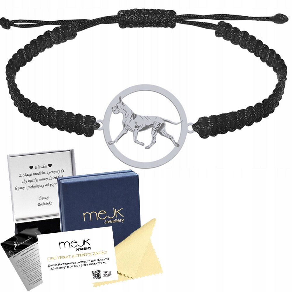 Stříbrný náramek 925 se psem Great Dane Makramé Pánský Dárek Gravírování
