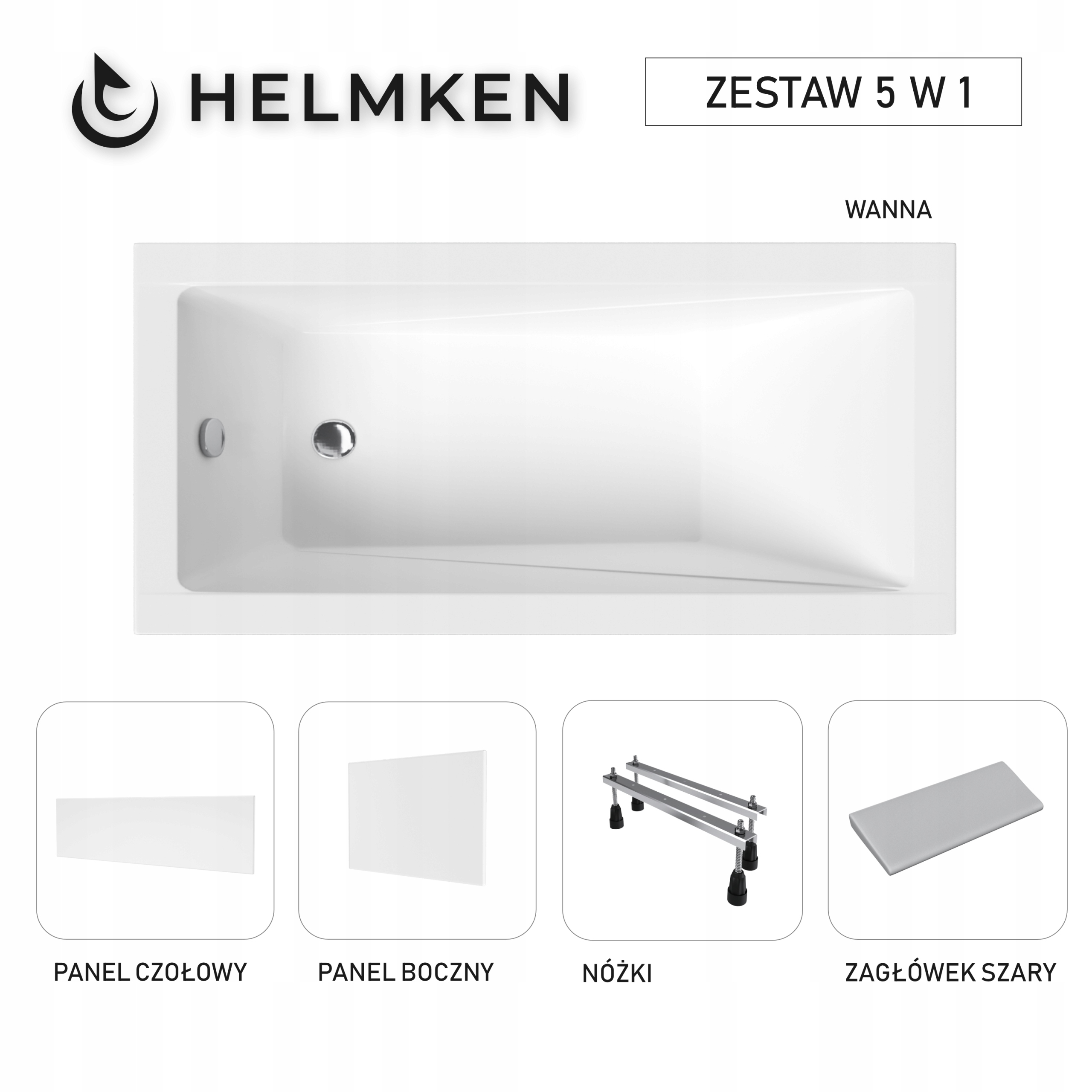 Wanna akrylowa Helmken Rivana 120 x 70 Paneli Zagłówek szary Nóżki