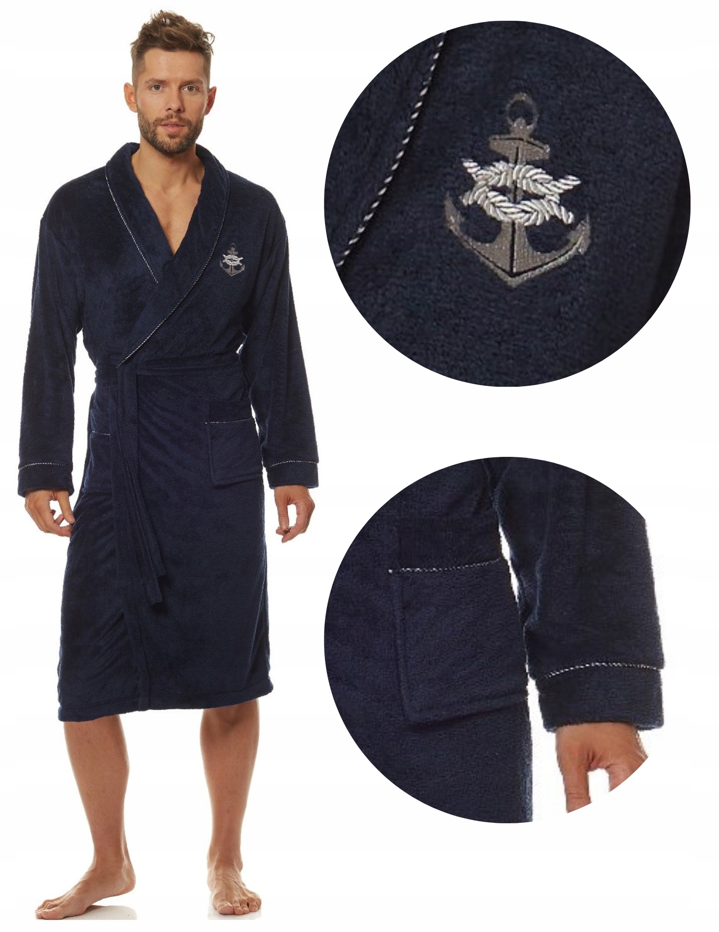 Pánský župan 2114 Marine dlouhý, příjemný na dotek, námořnická modrá M