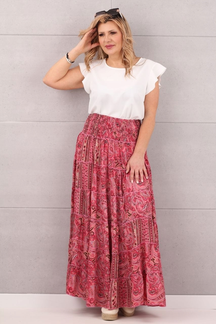 ZWIEWNA SPÓDNICA NA LATO DŁUGA WYSOKI STAN PLAŻOWA ROZMIAR UNIWERSALNY Wzór dominujący mix wzorów