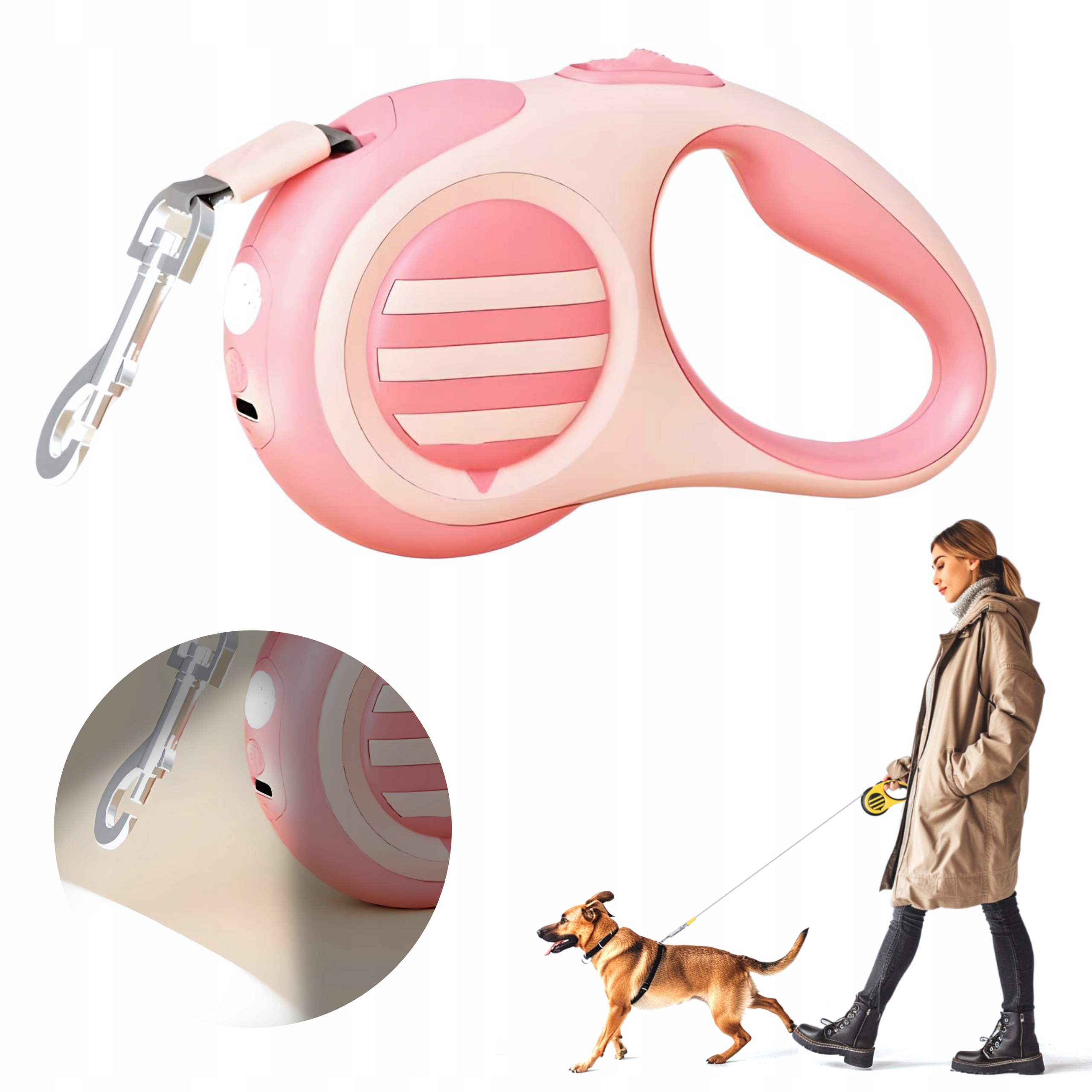 Levně Vodítko S Led Světlem 5 M, Pevné, Rolovací Pro Psa Kočku, Růžové