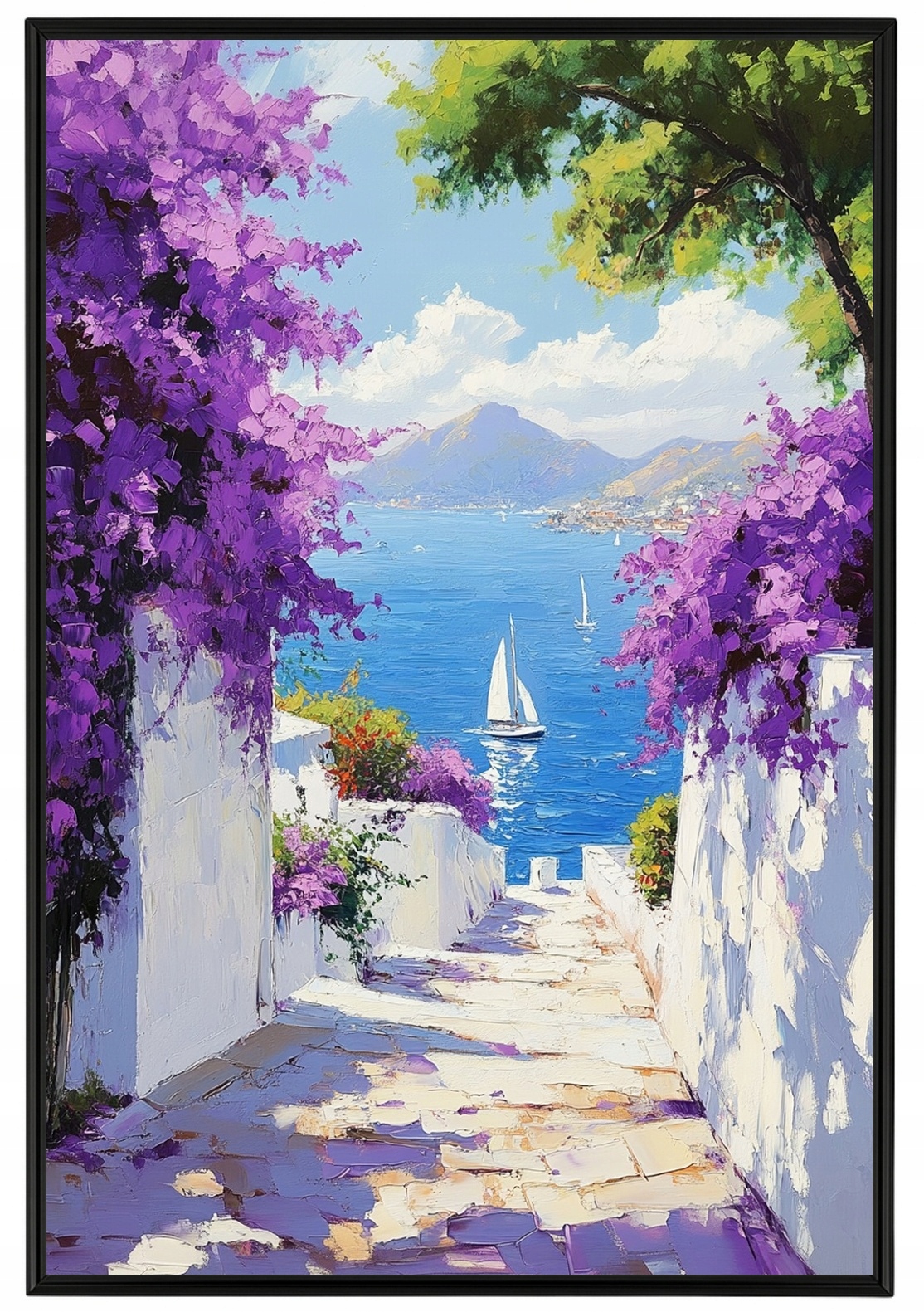 Plakát Rámeček Aluminium Řecko Santorini Ulička Moře Květiny Pohled 40x60