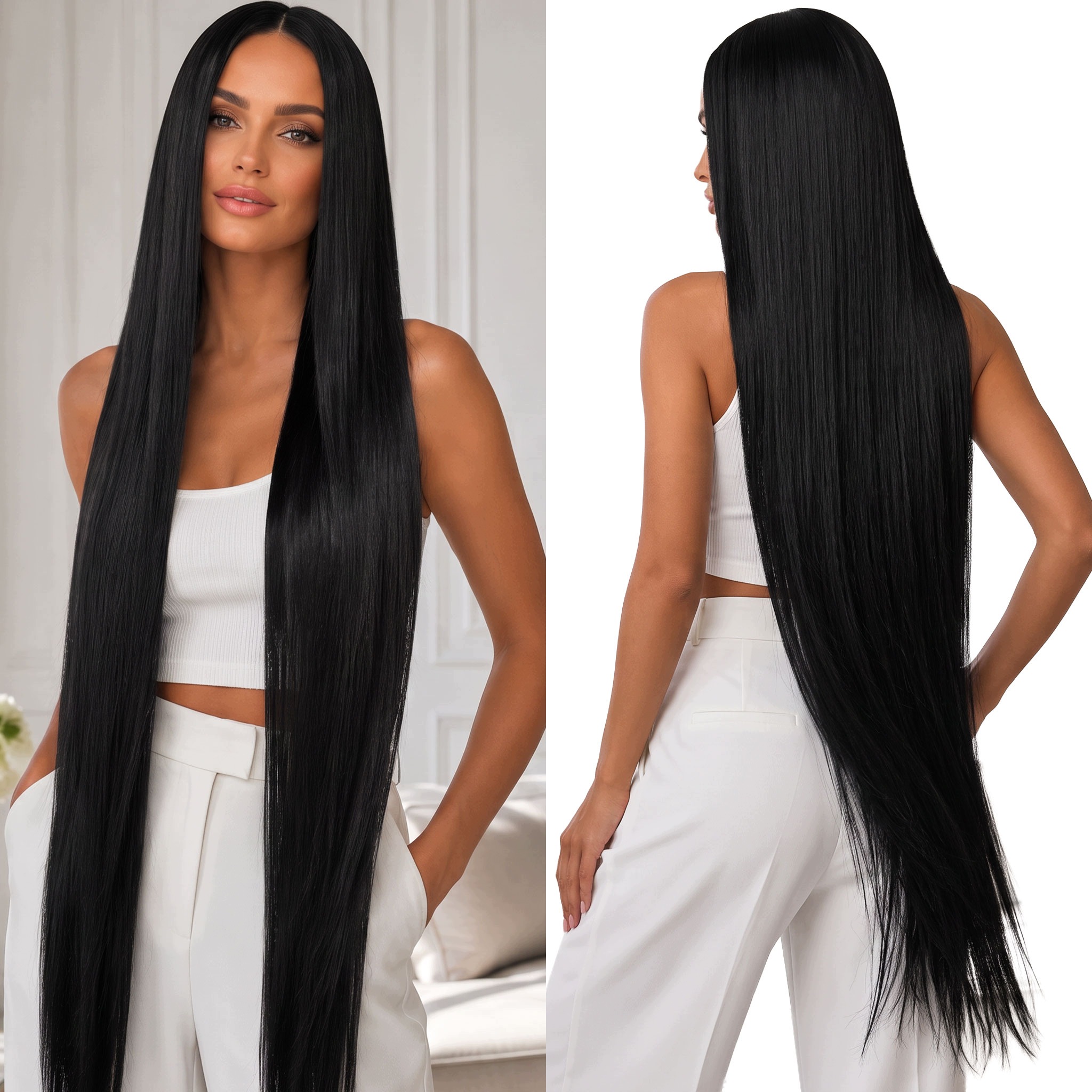 Peruka syntetyczna włosy sztuczne bardzo długa prosta czarna 110cm 325g