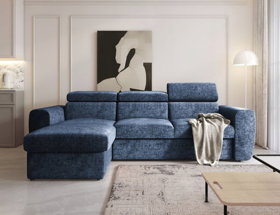 Módní rohová sedací souprava s funkcí spaní Napoli v tmavě modré nehořlavé tkanině