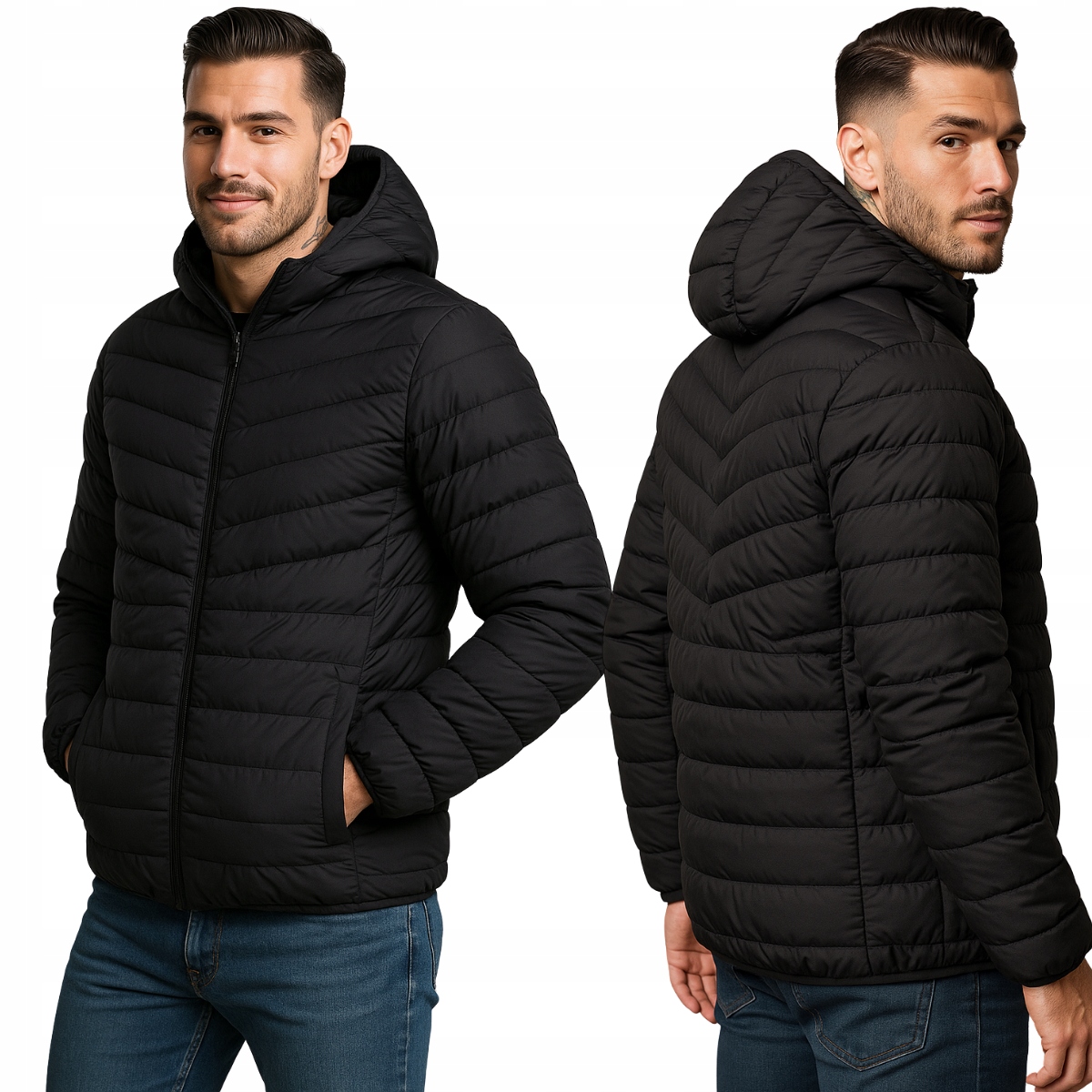 Kurtka Męska Pikowana Wiosenna Kolor Czarny Matowym Z Kapturem 3XL