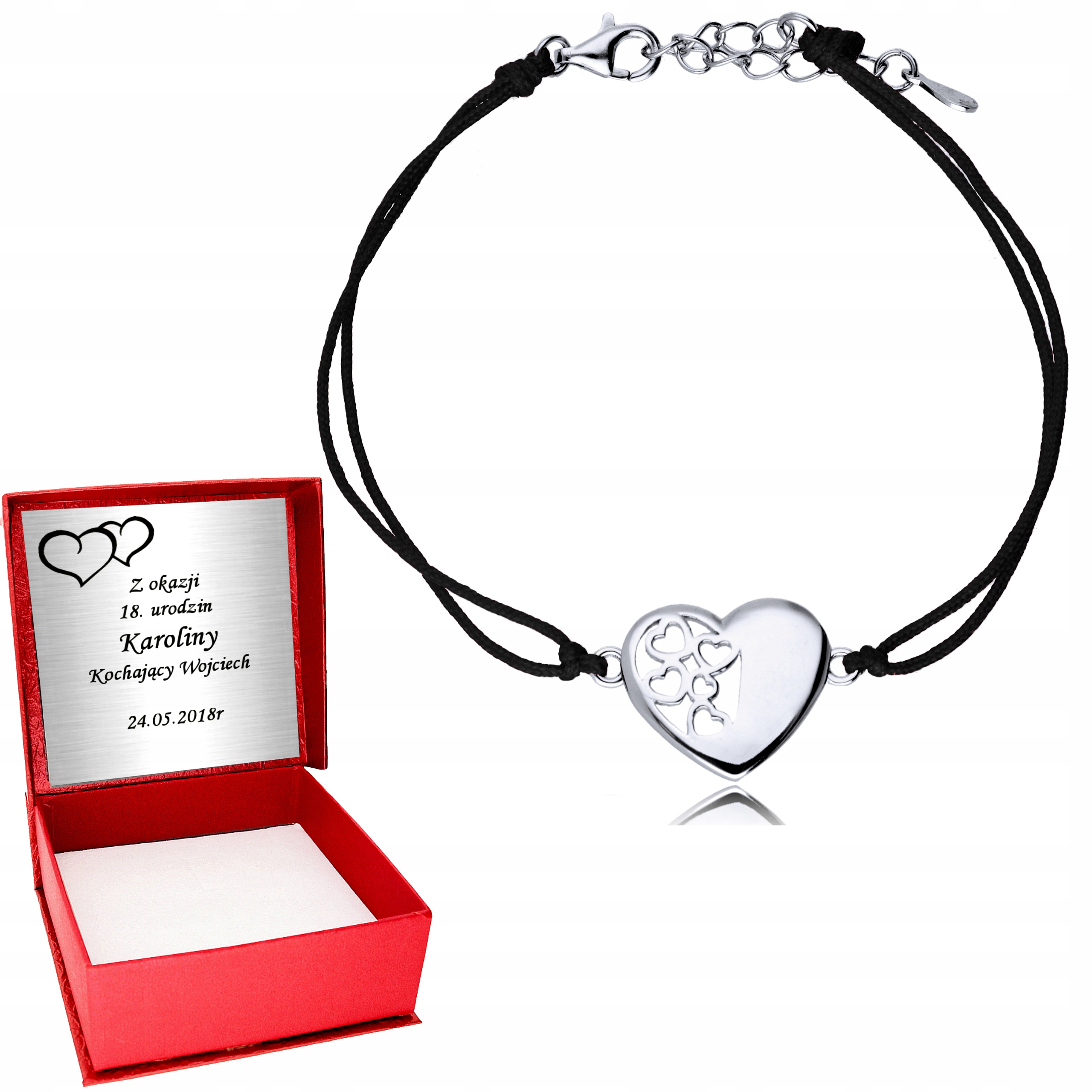 

Srebrna bransoletka 925 serce sznurek Grawer