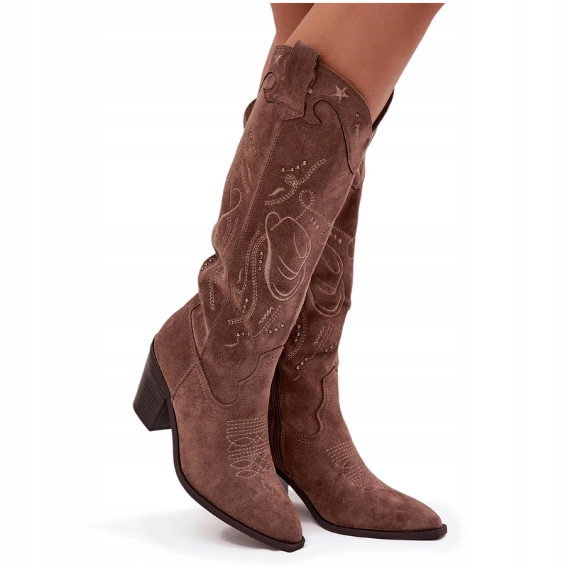 Kozačky Kovbojské Boty Eko Semišové Na Podpatku, Zasouvací Prošívání Khaki 39