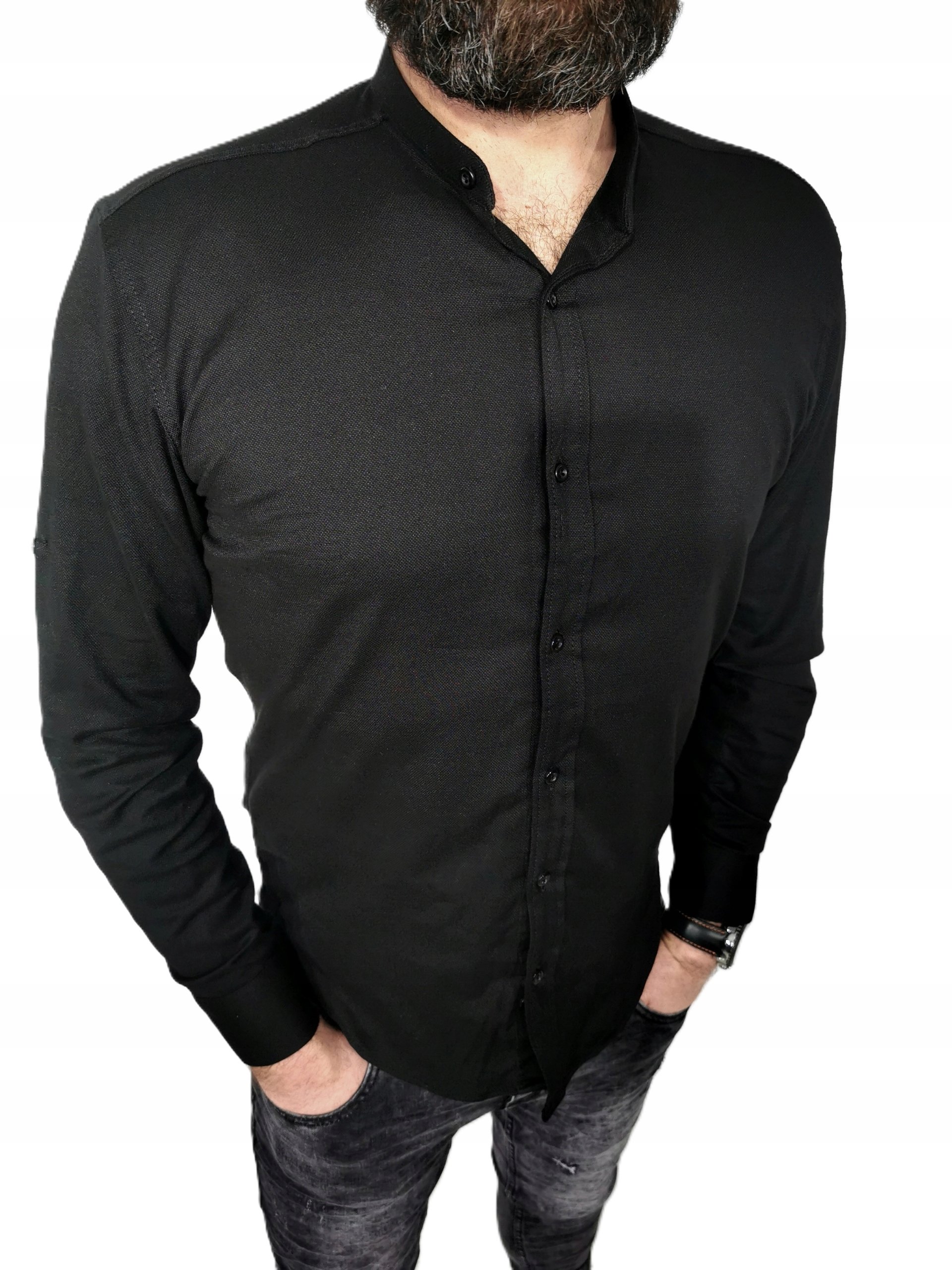 Pánská bavlněná košile černá na stojáčku, struktura slim 4XL