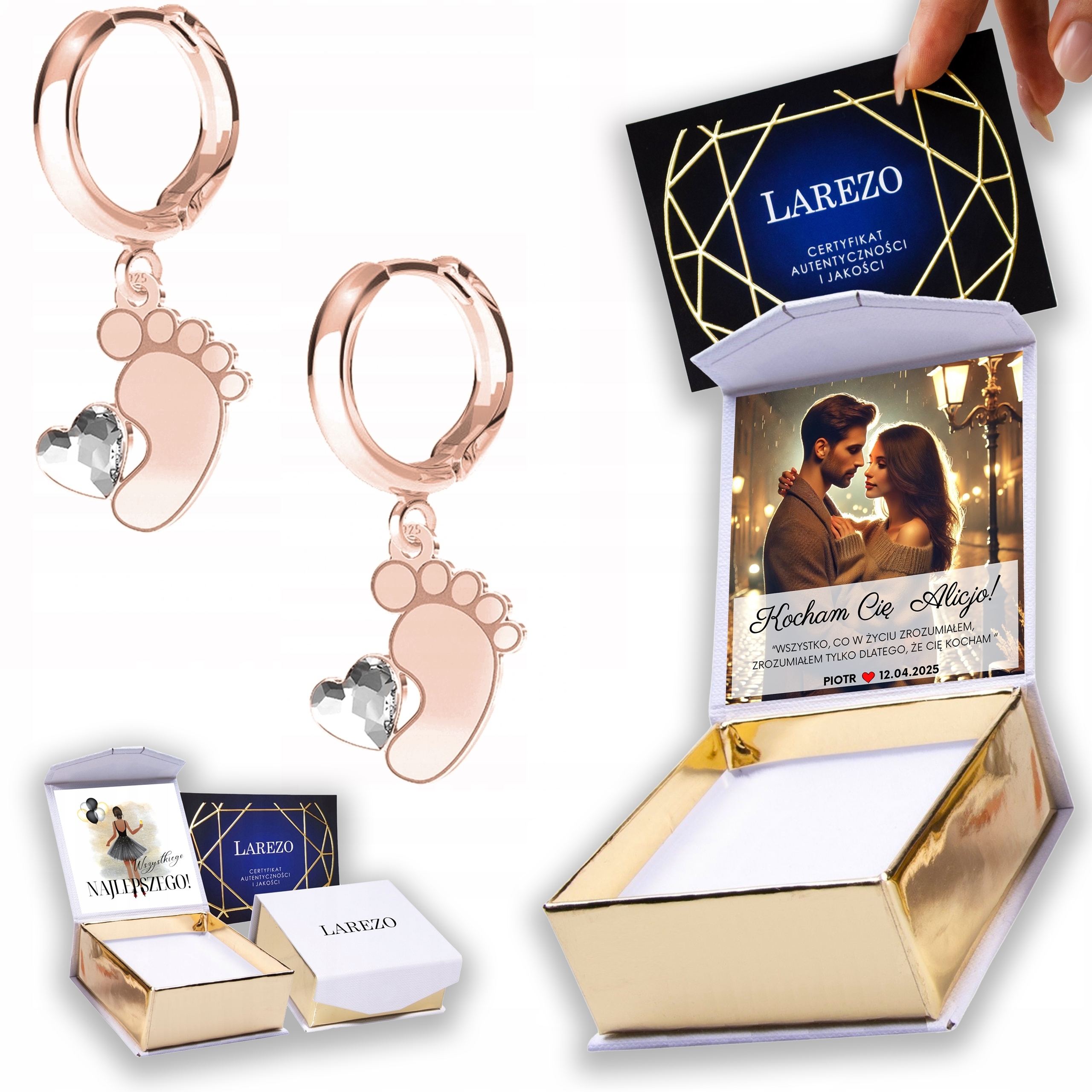 Náušnice Pozlacené 925 Nohy Chodidla dítěte se Zirkonií Srdce Noha Potisk