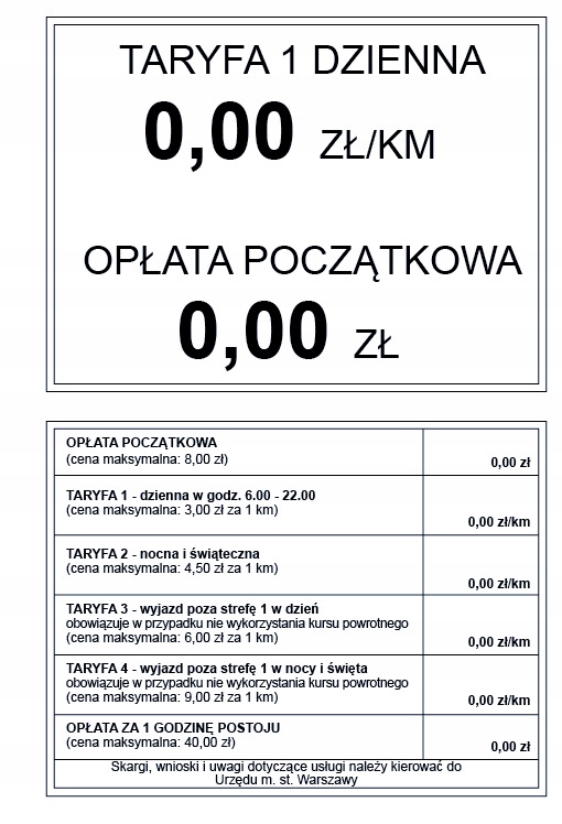 

Naklejki foliowe Taryfy Taxi Warszawa 2 szt
