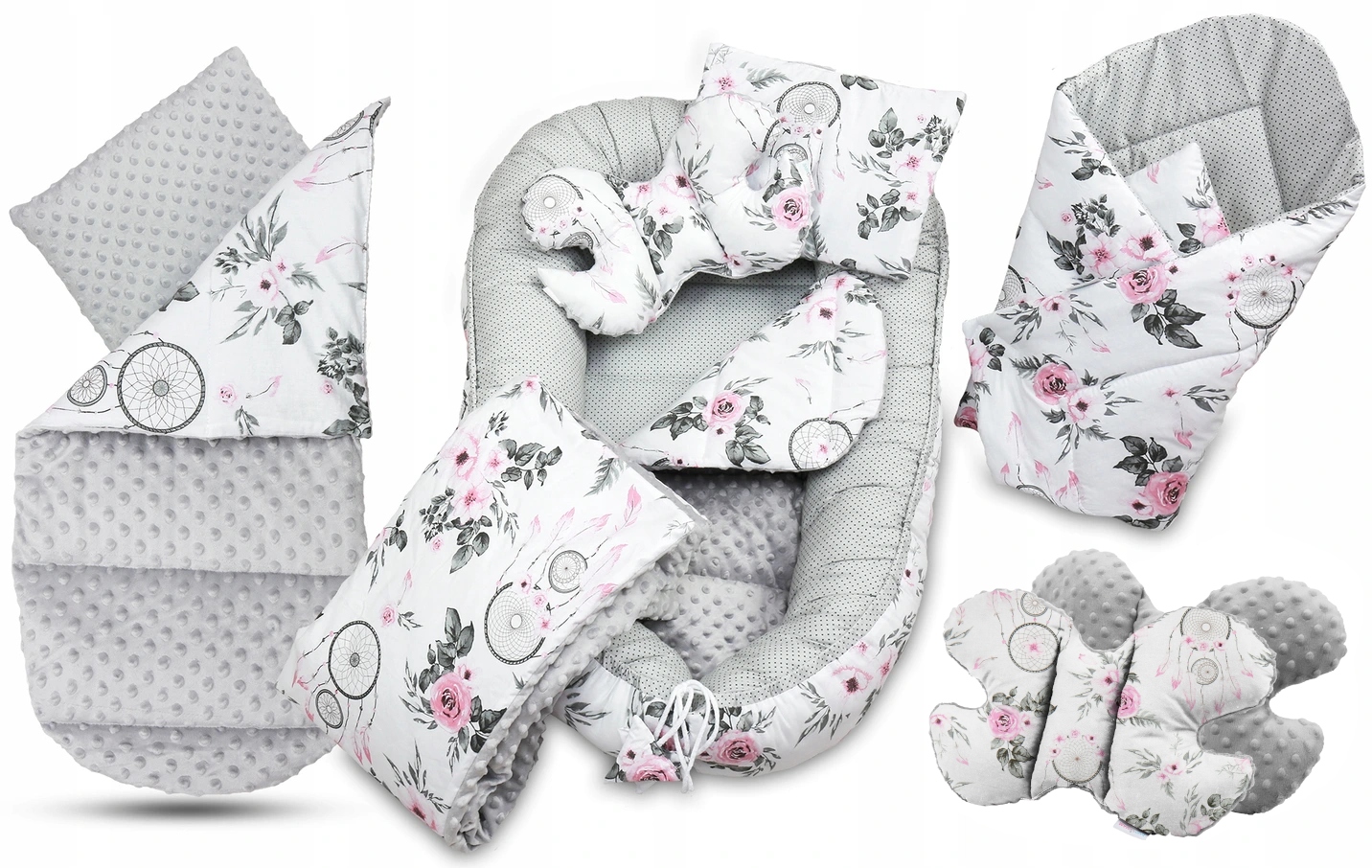 KOKON NIEMOWLĘCY GNIAZDO KOJEC MINKY ZESTAW XXL BABYMAM 7 EL.