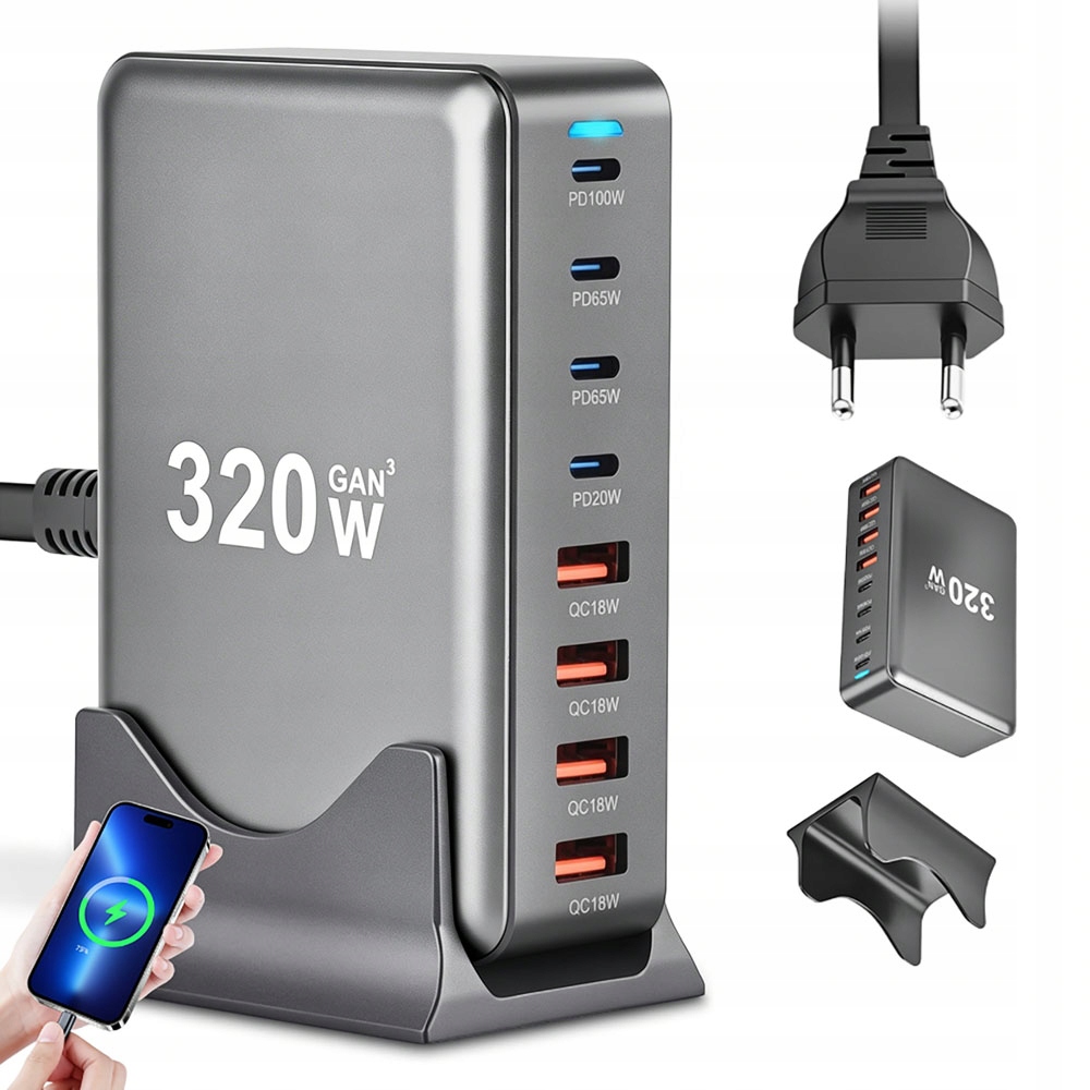 Rychlá Nabíječka 4xUSB-C 4xUSB GaN3 320W Qc Pd pro notebook a telefon