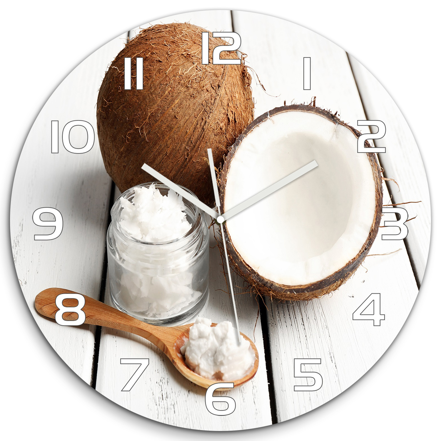 

Duży zegar szklany do salonu Olej kokosowy fi 60cm