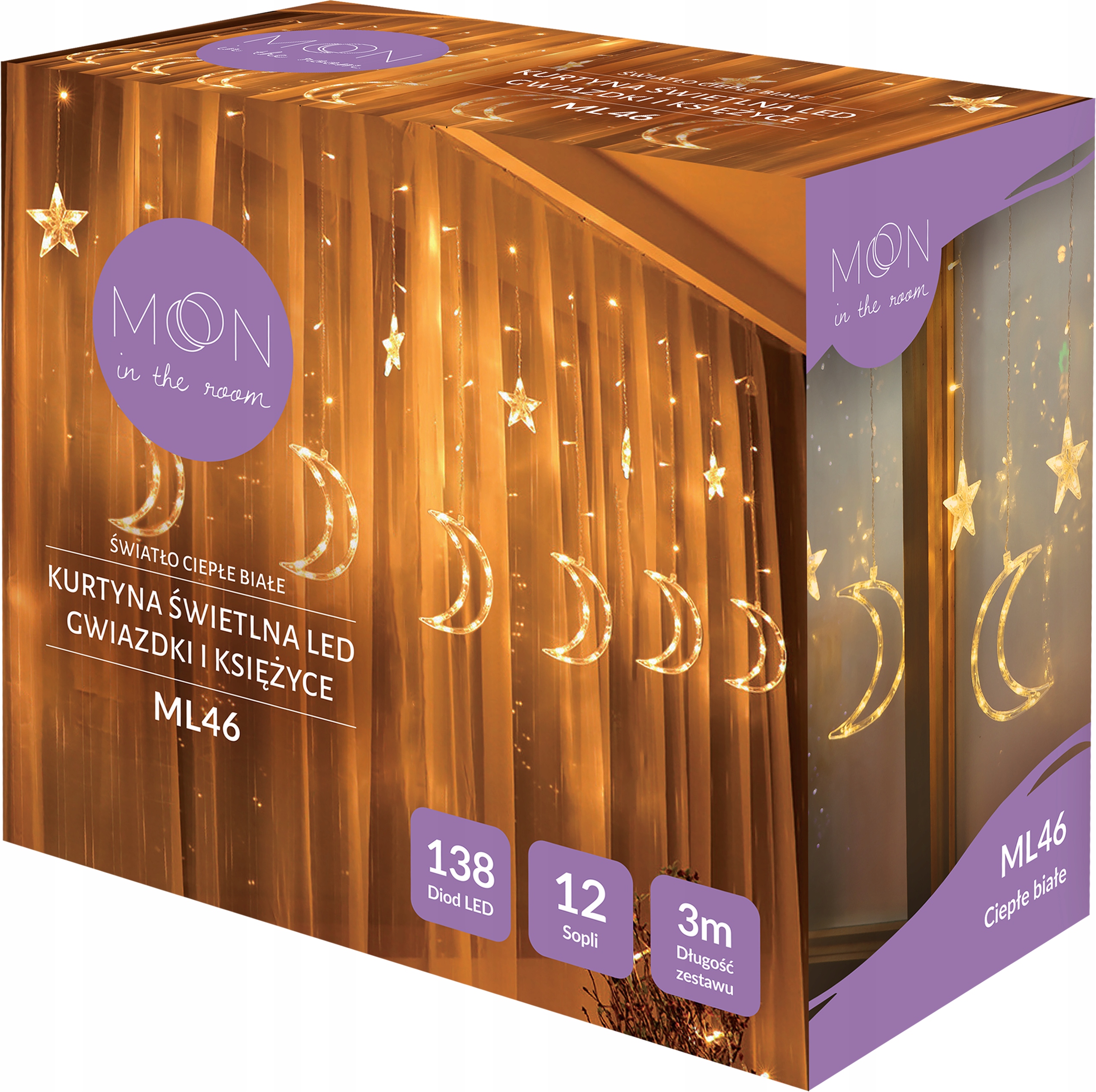 LAMPKI CHOINKOWE ŚWIĄTECZNE LED DUŻA KURTYNA ŚWIETLNA 3M GWIAZDKI KSIĘŻYCE