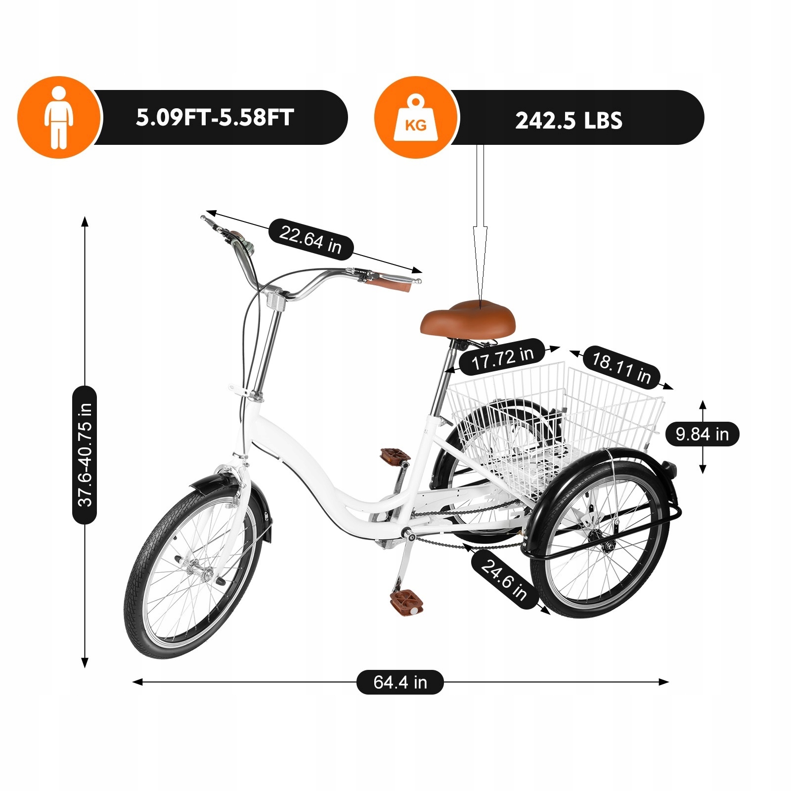 20-Calowy Rower Trójkołowy dla Dorosłych 1-Bieg 3-Koła Rower z Koszyk Biały EAN (GTIN) 763431823296