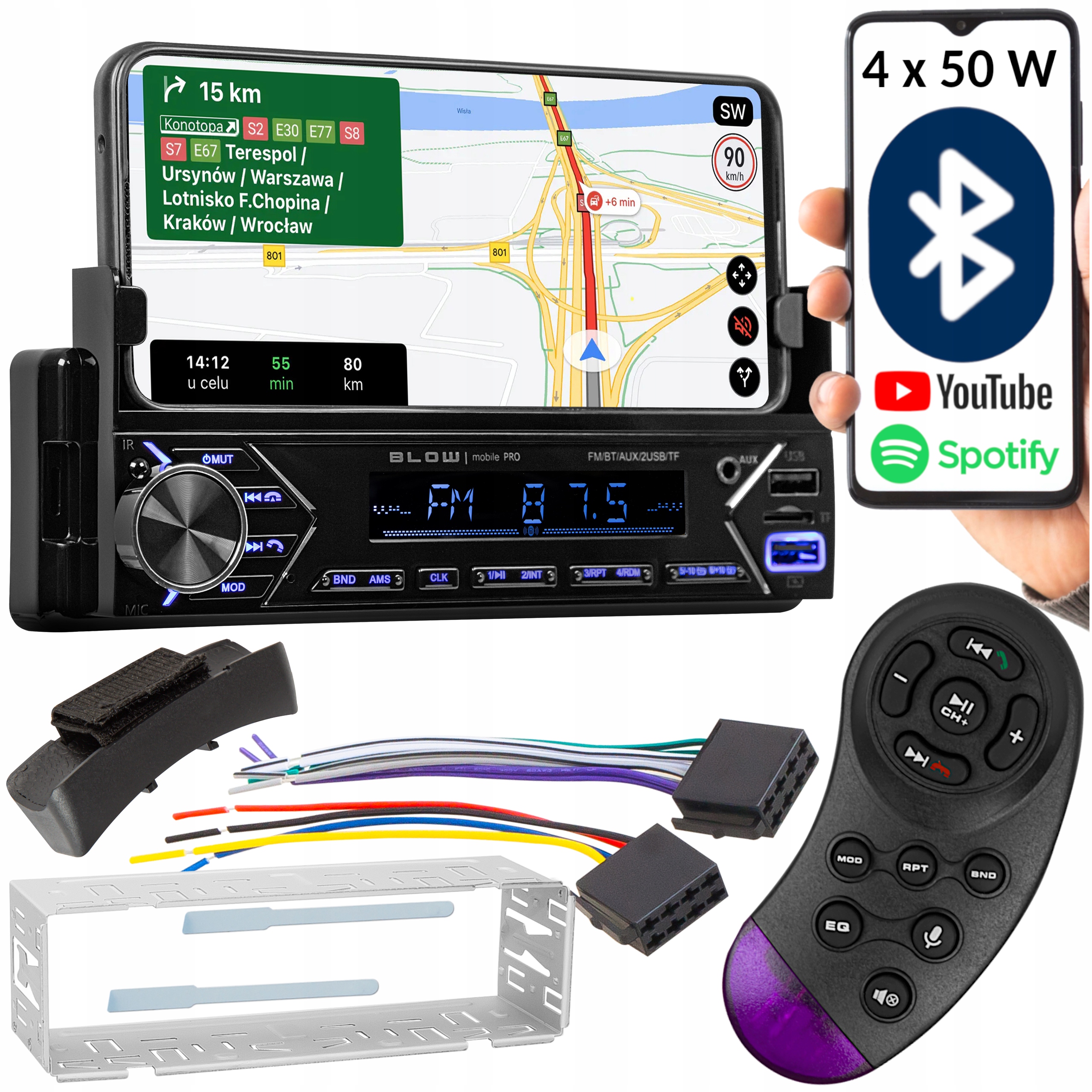 Radio Samochodowe Bluetooth 1-DIN Rds Usb Aux Sd Uchwyt Na Telefon Pilot