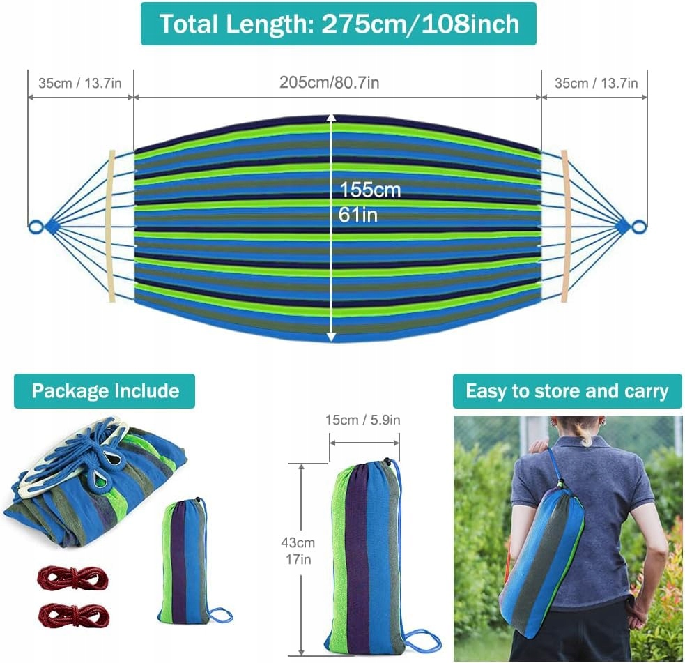 Hamak Outdoor Camping Z Drewnianą Belką I Torbą Na Balkon Ogród Paski — miniatura 3