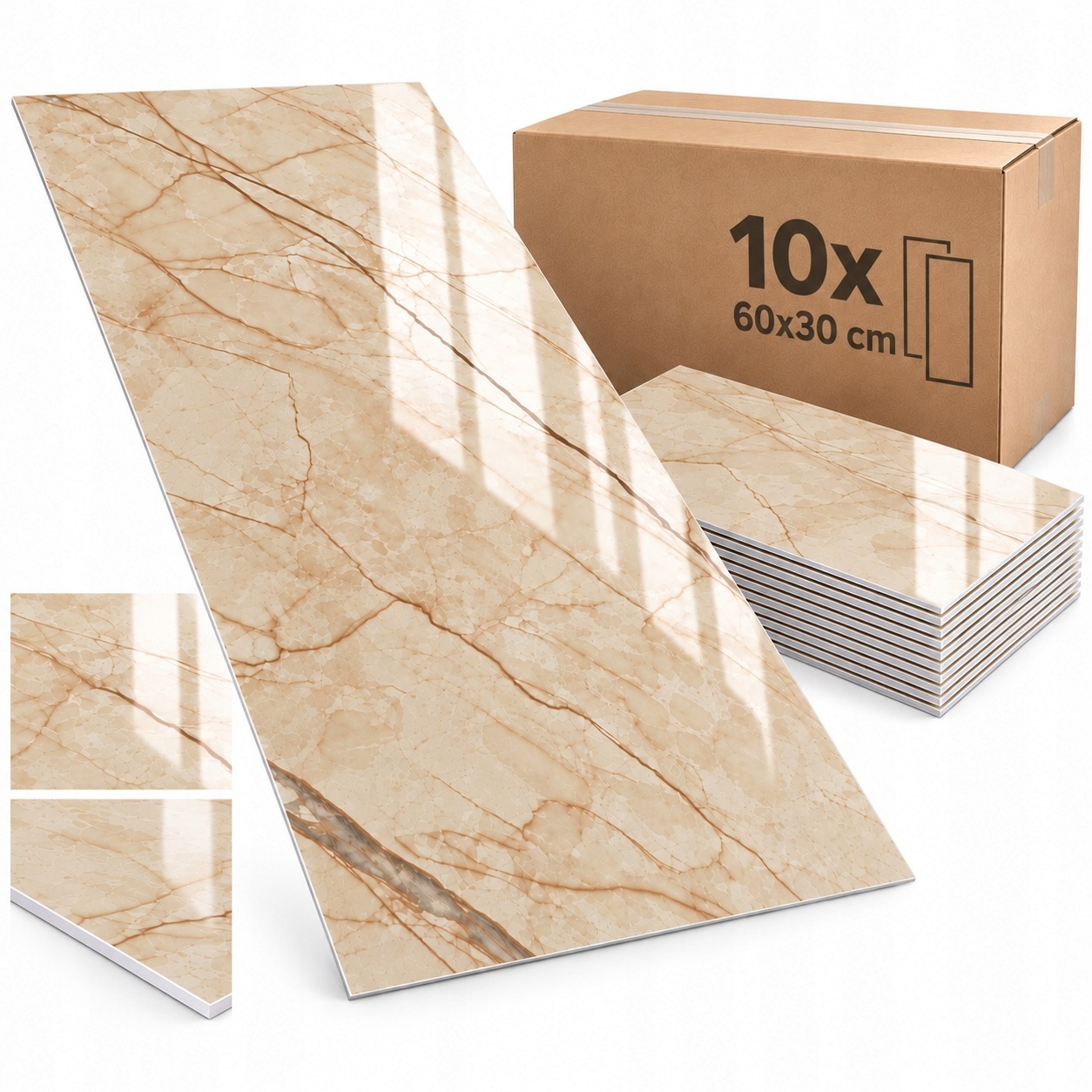 Samoprzylepny Panel Ścienny 60x30 Marmur Połysk Kuchnia Beż Brąz LVT01 10x