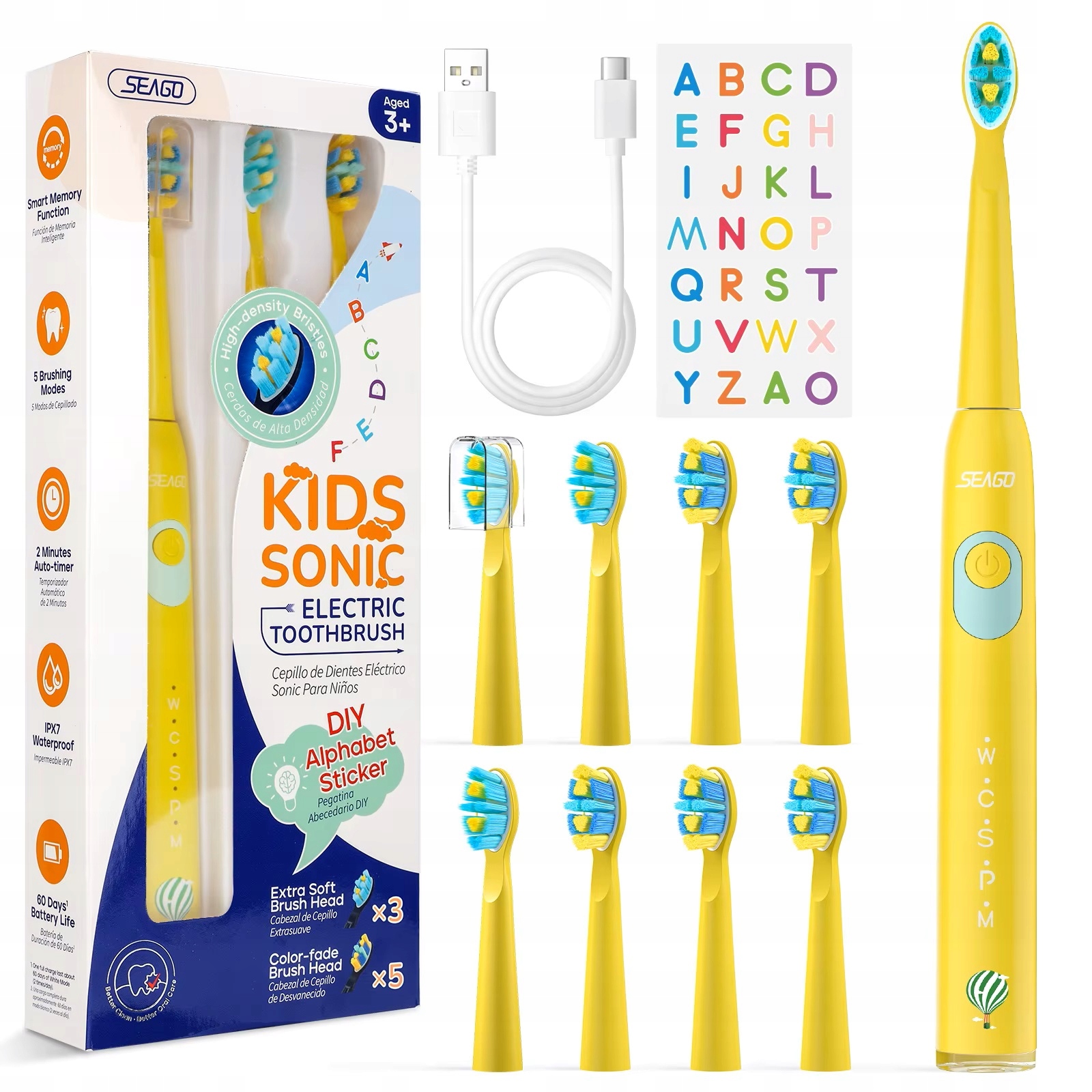 Soniczna szczoteczka dla dzieci 6-12 lat, ładowana Seago SG-2303 żółta 8