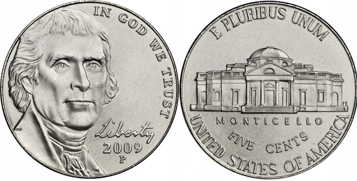 5 centów USA (2009) - Thomas Jefferson Mennica Philadelphia