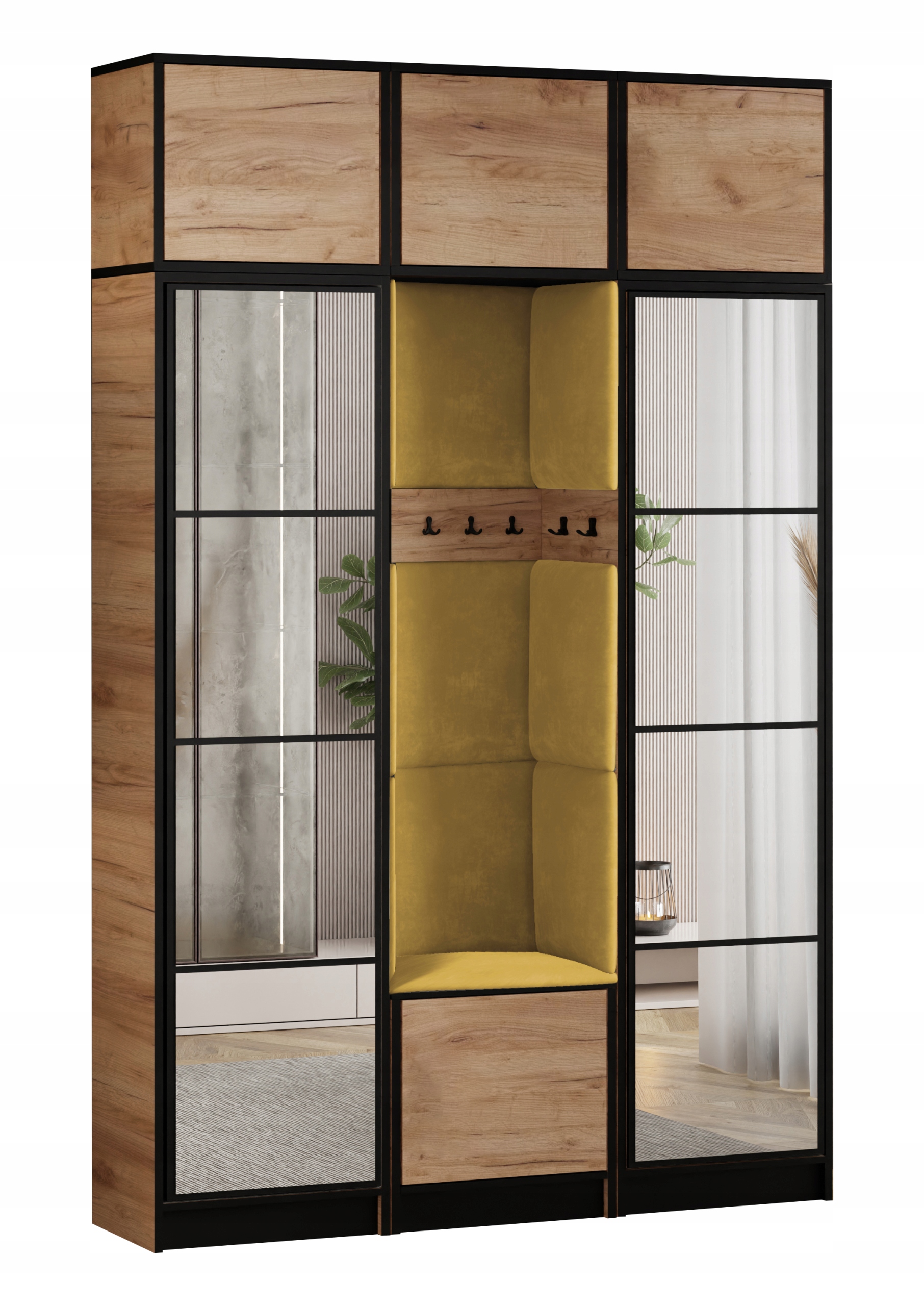 Šatní skříň Costa 12 dub craft zlatý žlutá tkanina, sedák s nástavcem