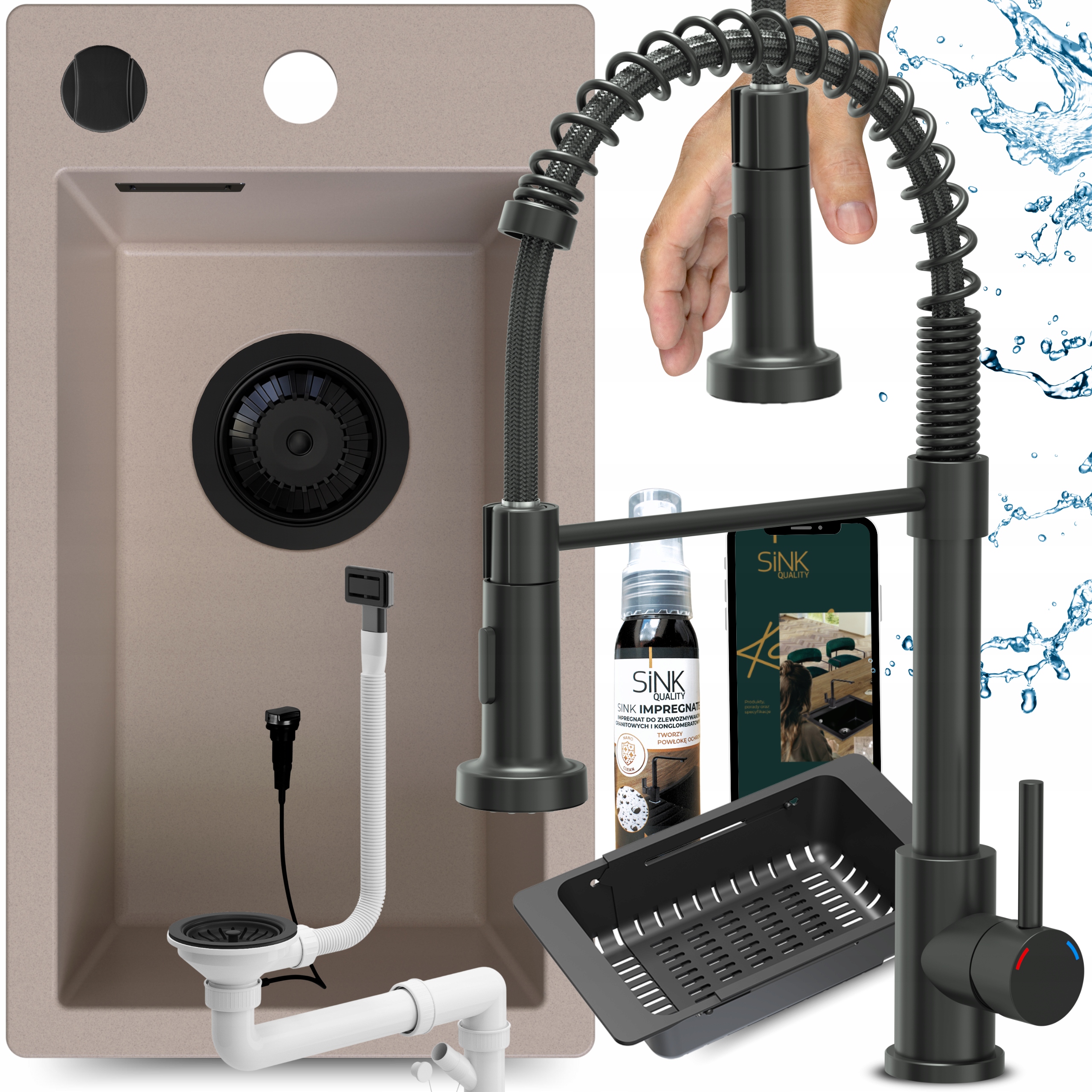 Dřez Béžový Jednokomorový granitový Černá Kuchyňská Baterie Sifon