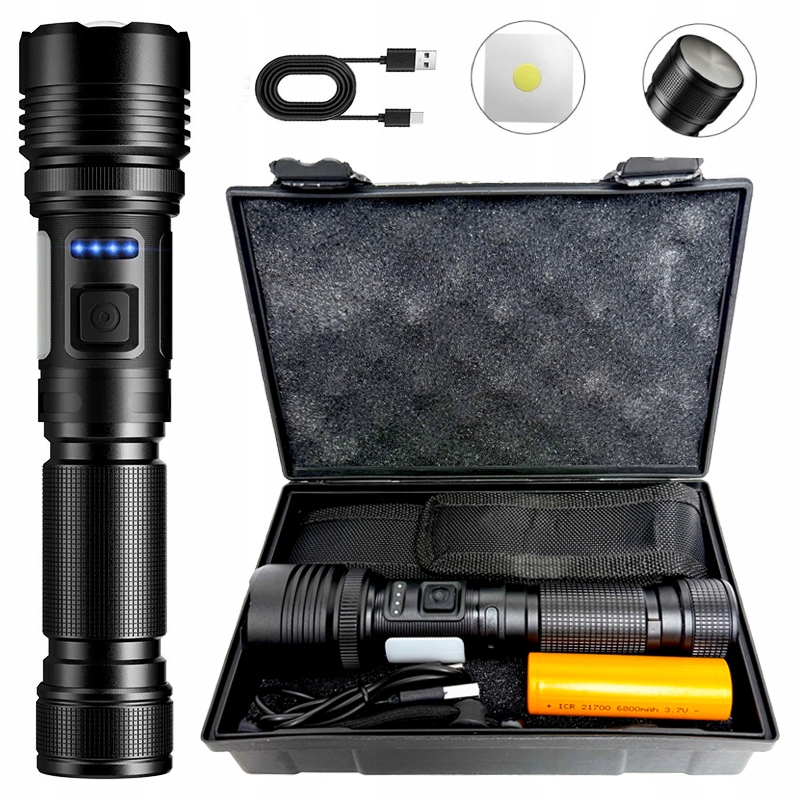 Policyjna Mocna Latarka Dalekosiężna Led 1700m. Usb-c Power-bank 35W+COB