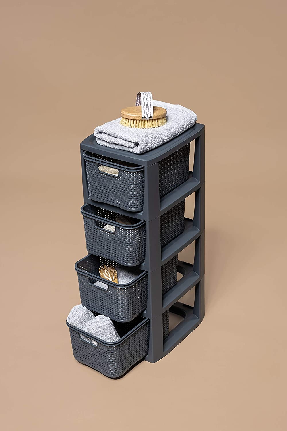 BRANQ - Regał łazienkowy - Rattan - 4x koszyki kosze - komoda słupek szafka Szerokość mebla 23.9 cm