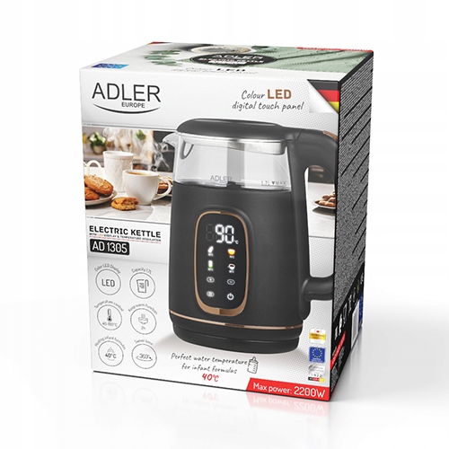 Czajnik Elektryczny 2200W Czarny Regulacja Stal Nierdzewna LED Adler 1,7 L