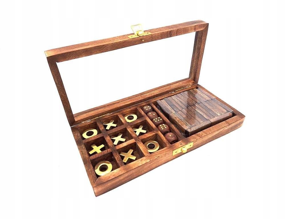 Herná sada domino, kocky, kruh a krížik v drevenej krabici so sklom