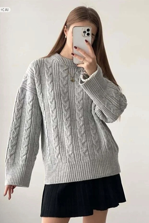 Pletený Šedý Dámský Oversize Svetr S Copánky, Velikost 5IA