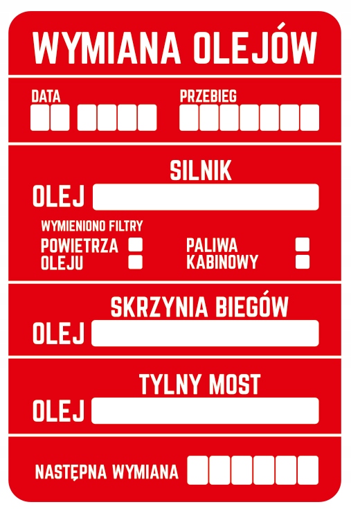 NAKLEJKI SERWISOWE 45szt WYMIANA OLEJU MOST 9x6 cm