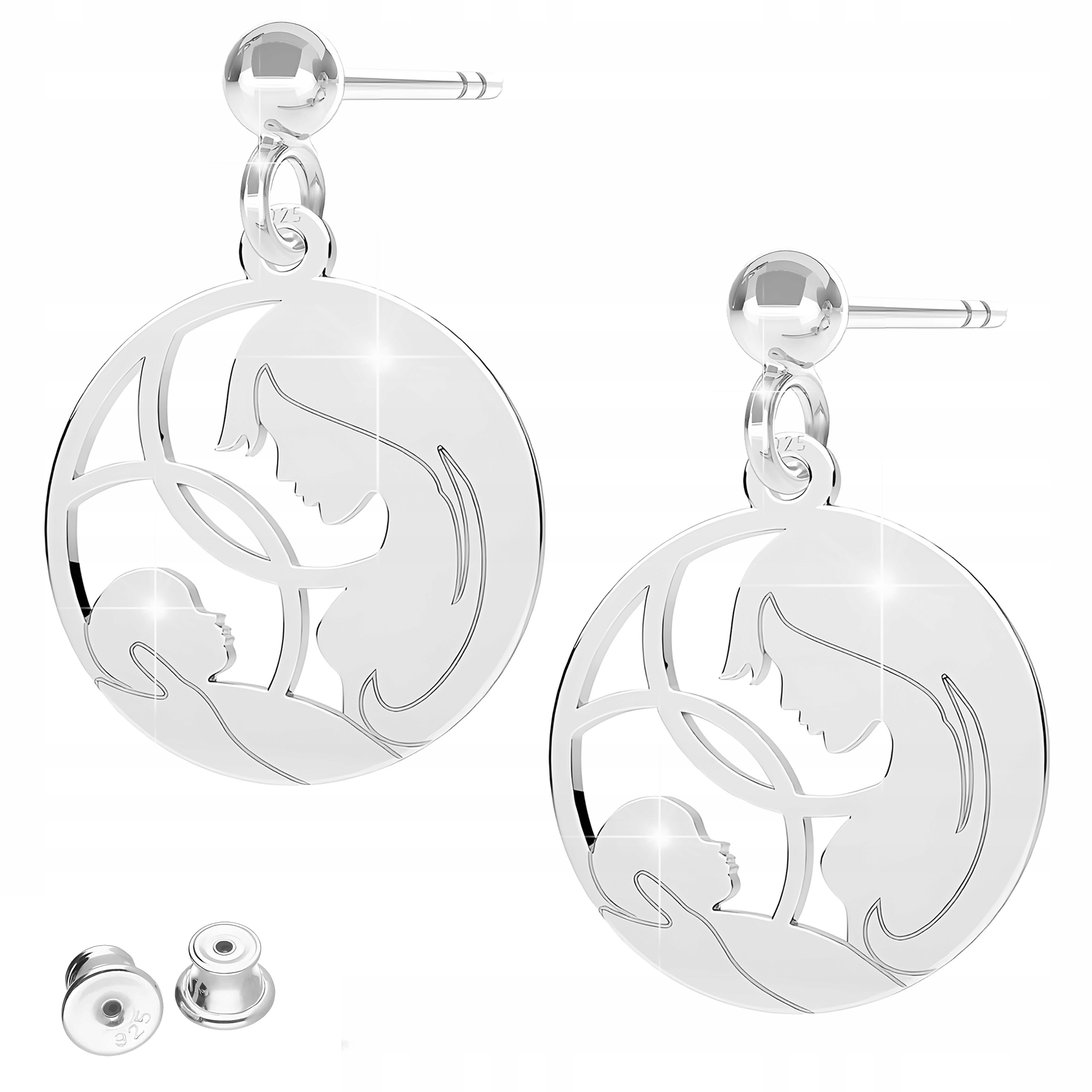 Stříbrné Náušnice Kulaté plechy Matka s dítětem Family Stříbro 925