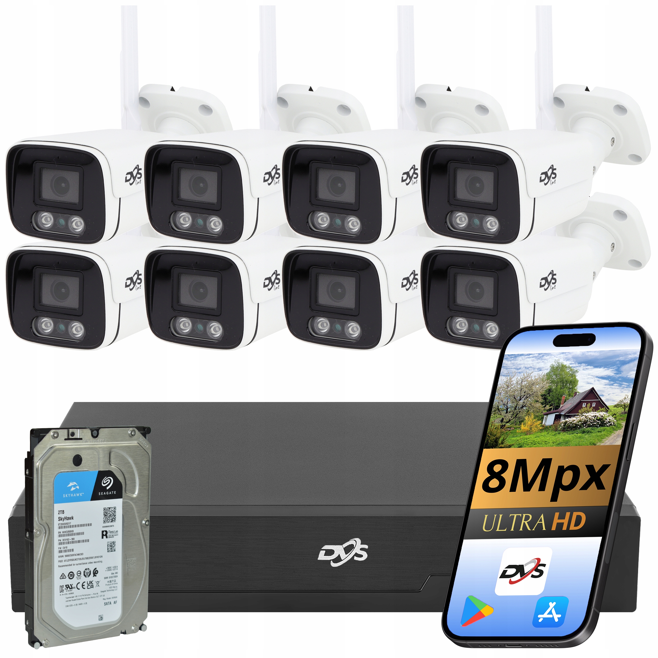 Kompletní Monitorování Wifi 8x Kamera 8MPX 4K Rekordér Disk 2B Aplikace