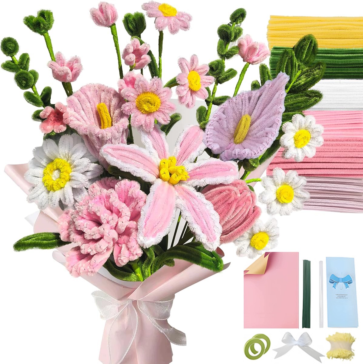 Sada na výrobu květin z čisticích tyčinek 420 ks, růžová lilie, tulipán, Diy kytice z chemlonových stonků