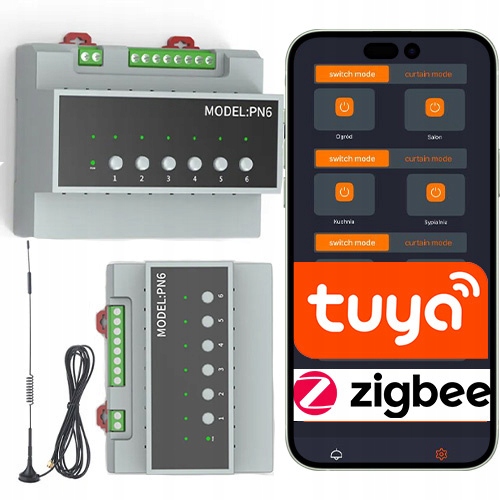 6-kanálový relé Zigbee s anténou na Din lištu (in/out) ZIGBEE2MQTT