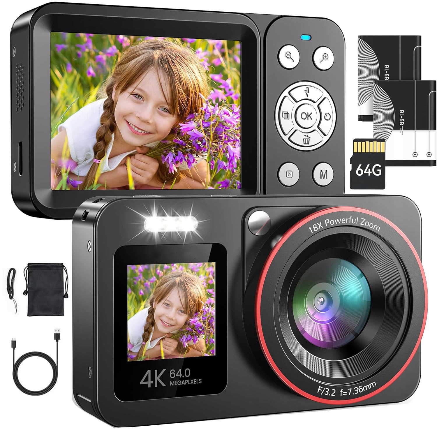 Kompaktní Fotoaparát 64MP S Dvěma Obrazovkami, 64GB Sd Karta A 2 Baterie (černý)