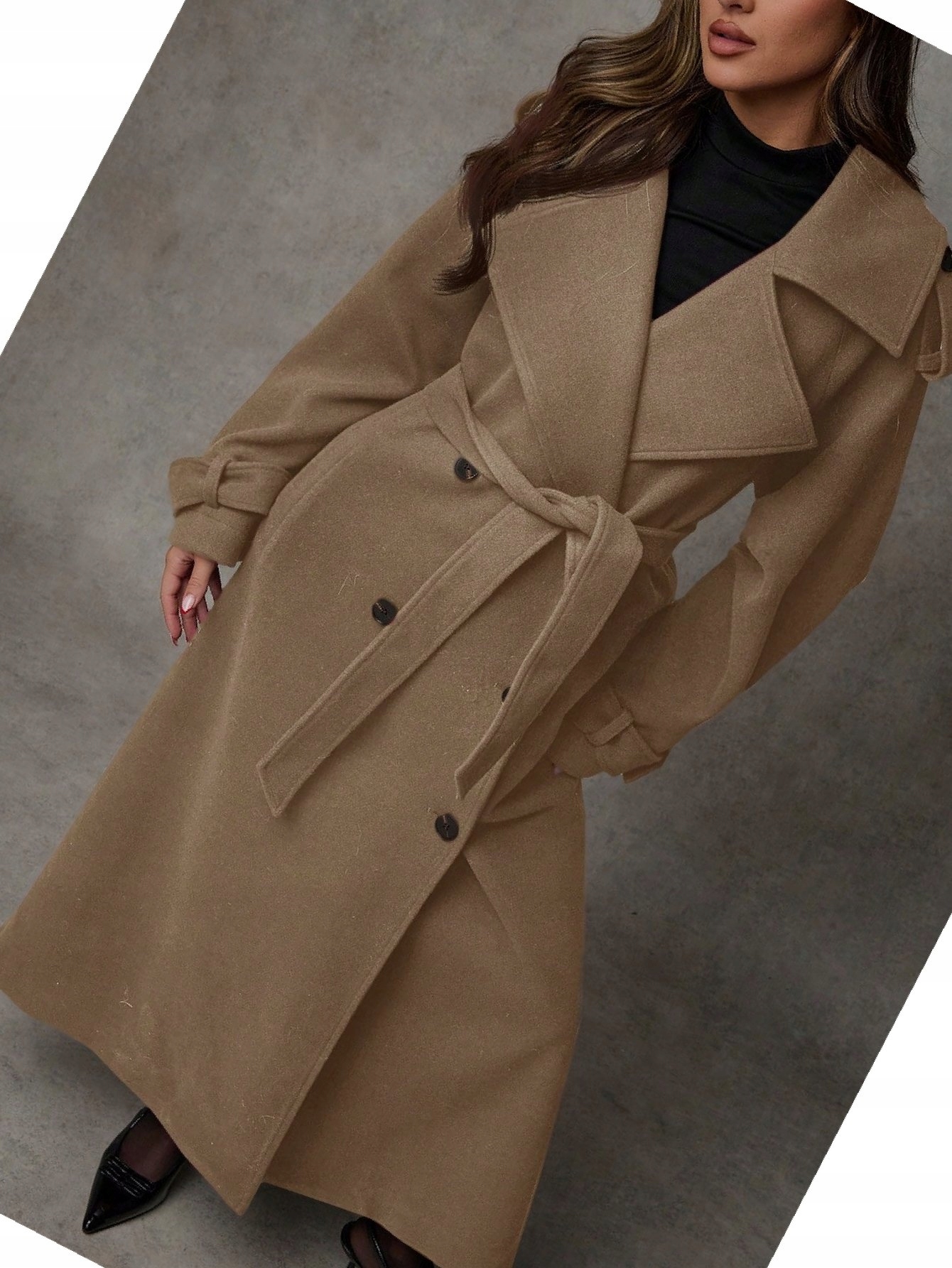 Dámský dvouřadý sportovní kabát s páskem, hnědý, velikost Xs 34