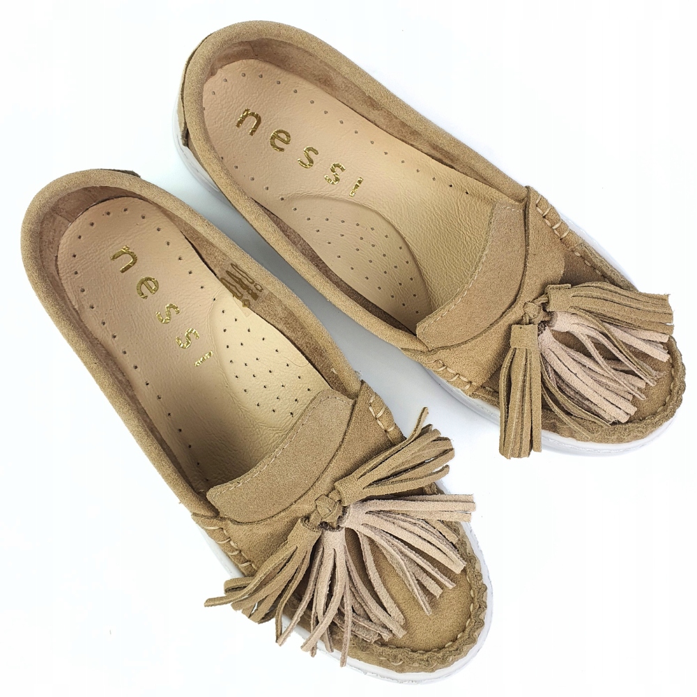 Mokasyny z frędzlami Nessi 18309 beż welur r. 39