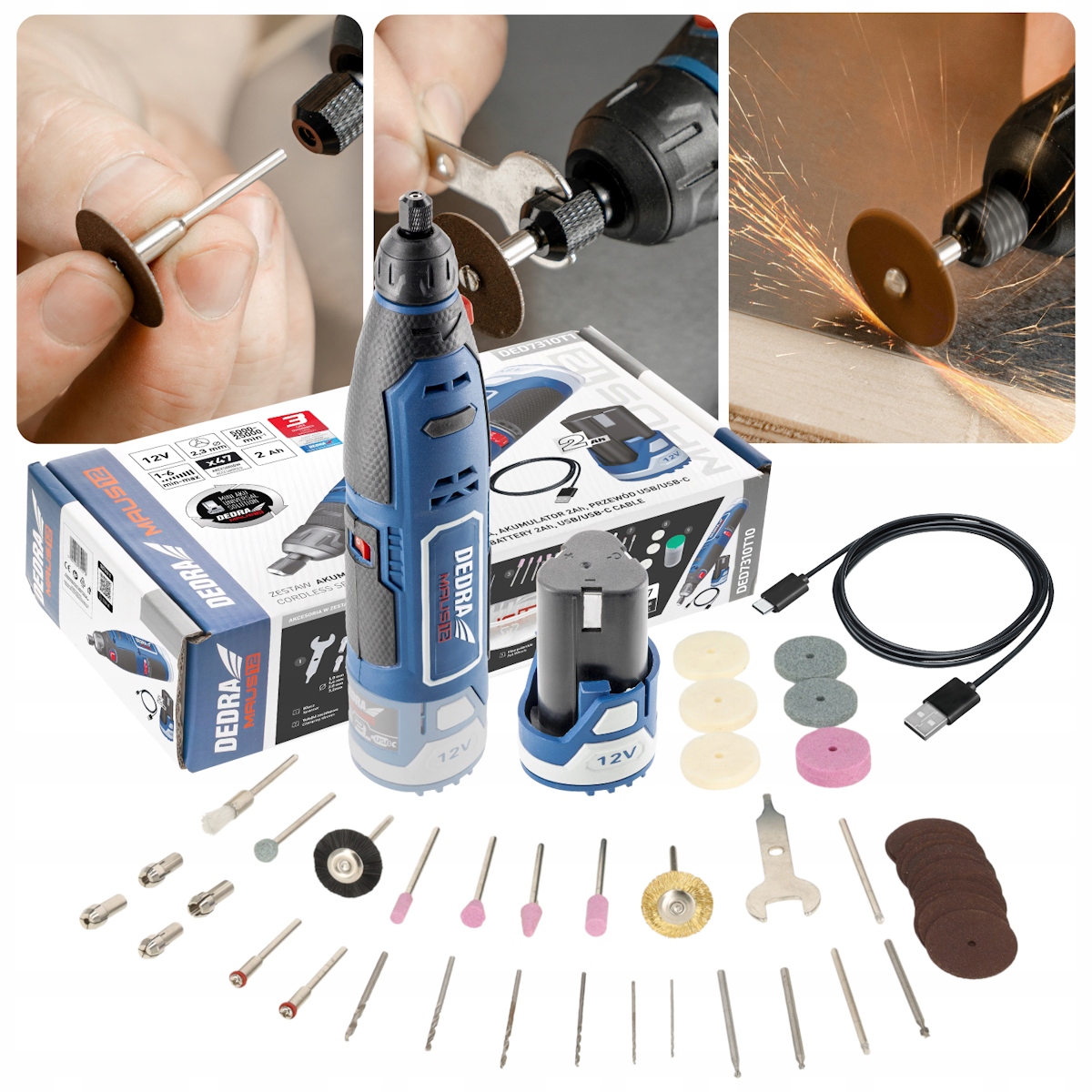 Miniszlifierka akumulatorowa 12V Dedra Maus akumulator 2.0 Ah, Usb-c zestaw